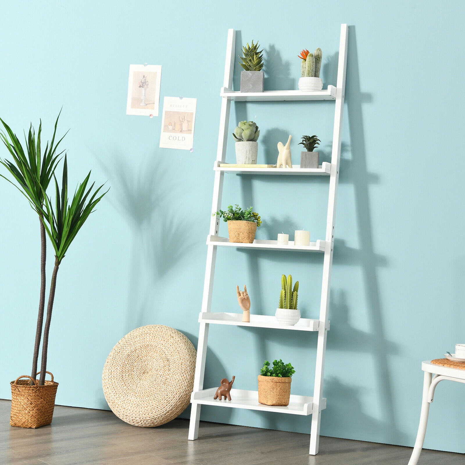 SUGIFT 5-Tier Wall-leaning Ladder Bookcase Shelf Display Rack 74.5-in Tall 11-lb Per Shelf MDF 1-Pc White