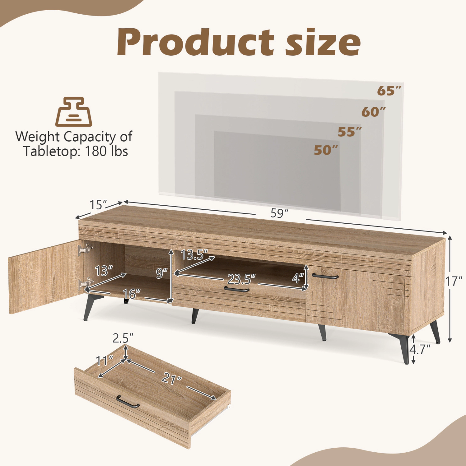 LJG TV Stand with 2 Cabinets and Storage Drawer for 65