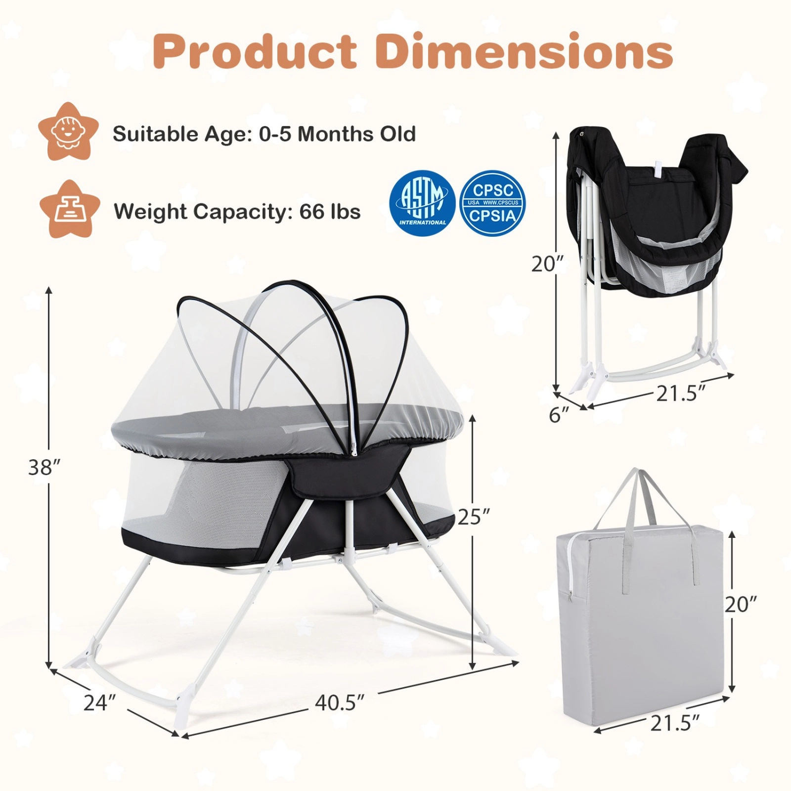 SUGIFT 2-in-1 Rocking and Stationary Baby Bassinet Bedside Sleeper 66-lb Capacity Ages 0-5 Months Black with Mesh Canopy