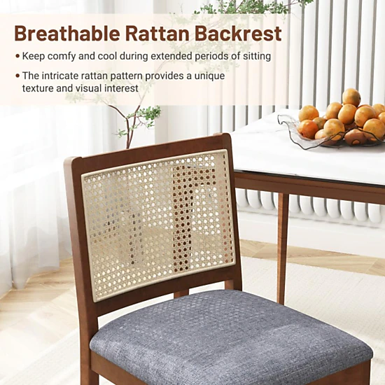 Hivvago Rattan-Accented Dining Chairs in a Set of Two with Rubberwood Frames and Linen Upholstered Seats
