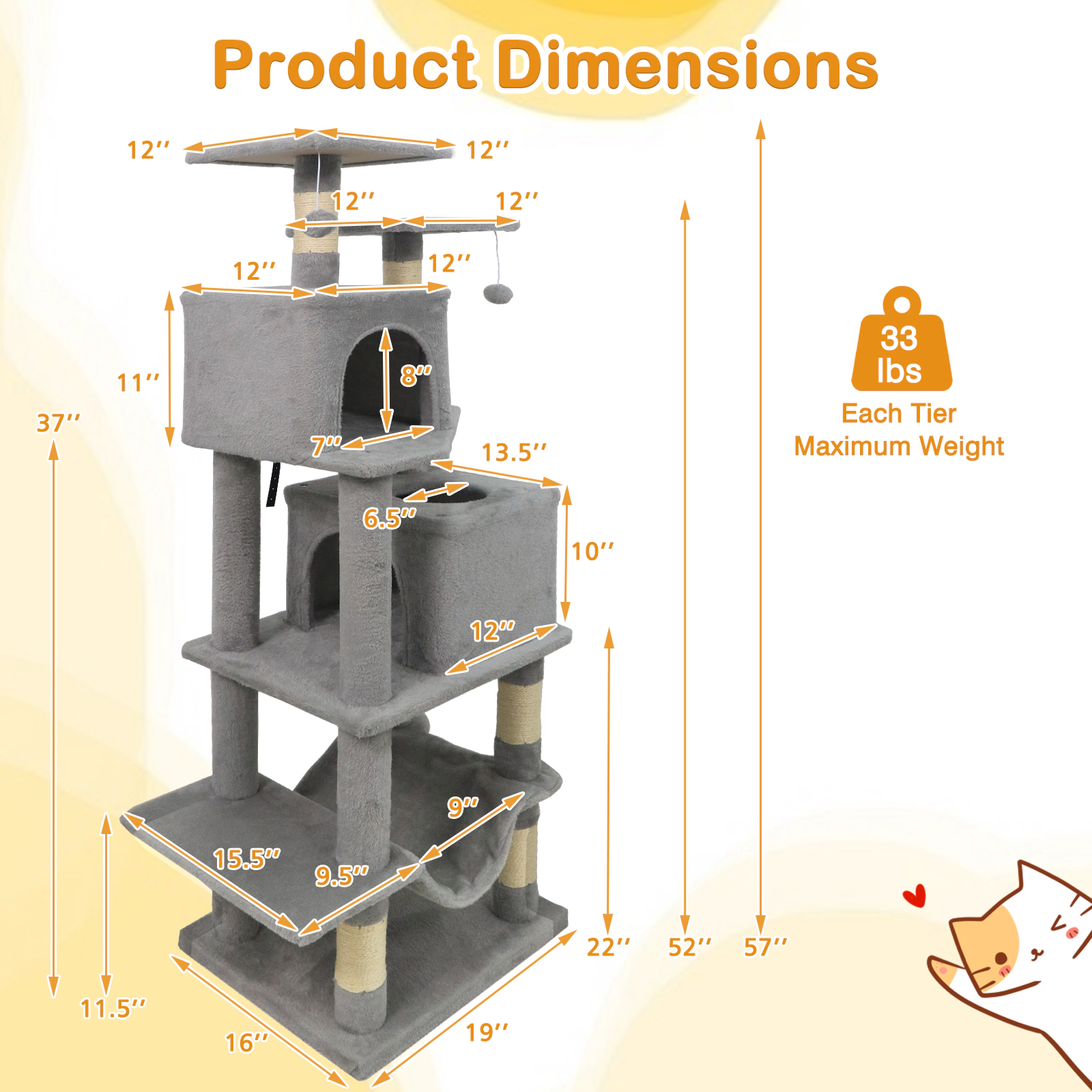 SUGIFT Multi-Level 57-in Cat Tree with Dual Condos Hammock and Sisal Scratching Posts Light Gray