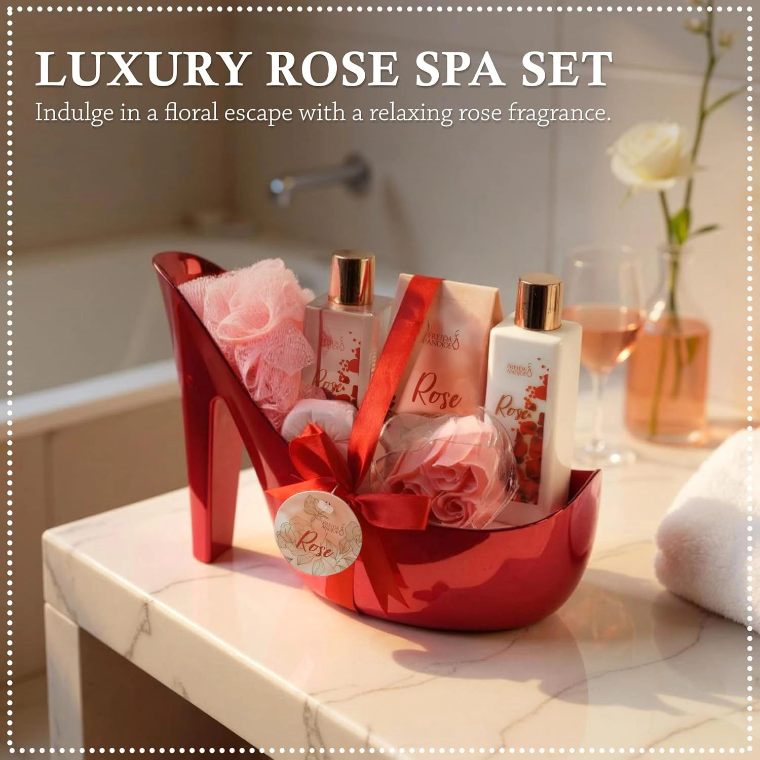 Freida and Joe Women Elegant Rose Bath and Body Set Red High Heel Shoe Luxurious Spa Gift Basket