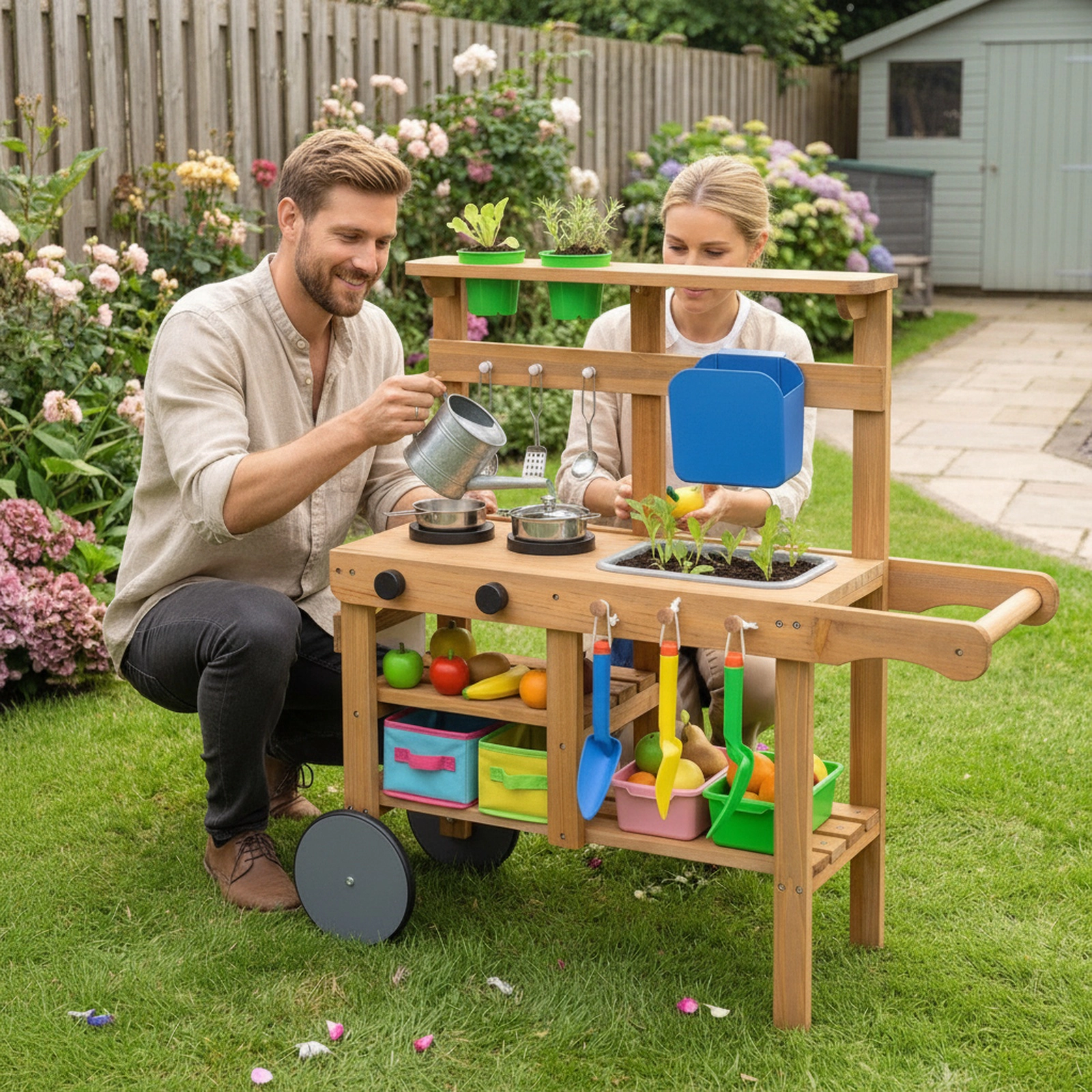 Kids Mud Kitchen Outdoor with Water Tank Sink and 15-pc Accessories 36-in x 13-in x 32-in Solid Wood Natural