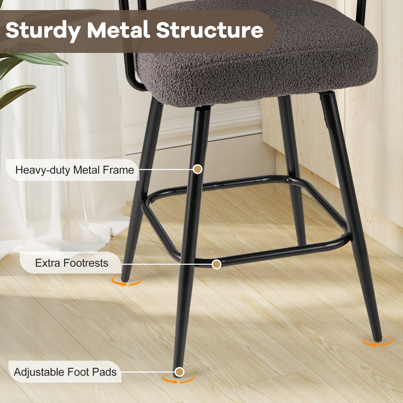 SUGIFT Boucle Swivel Counter Height Bar Stool Chairs with Curved Back and Arms 330-lb Capacity Set of 2 Gray