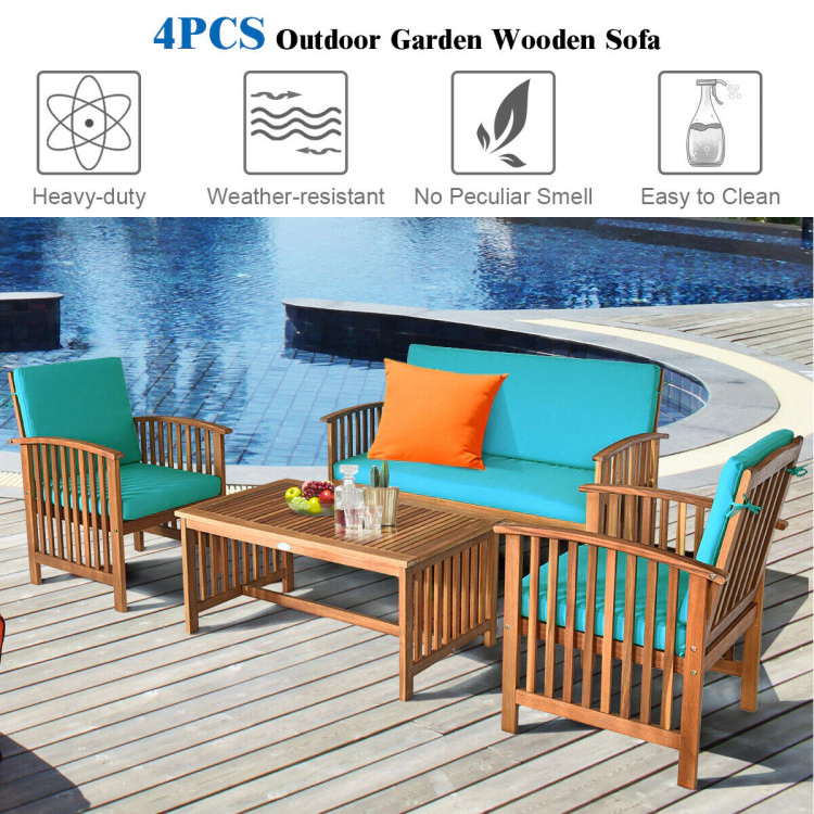 Hivvago 4 Pieces Patio Solid Wood Furniture Set With Water Resistant Cushions