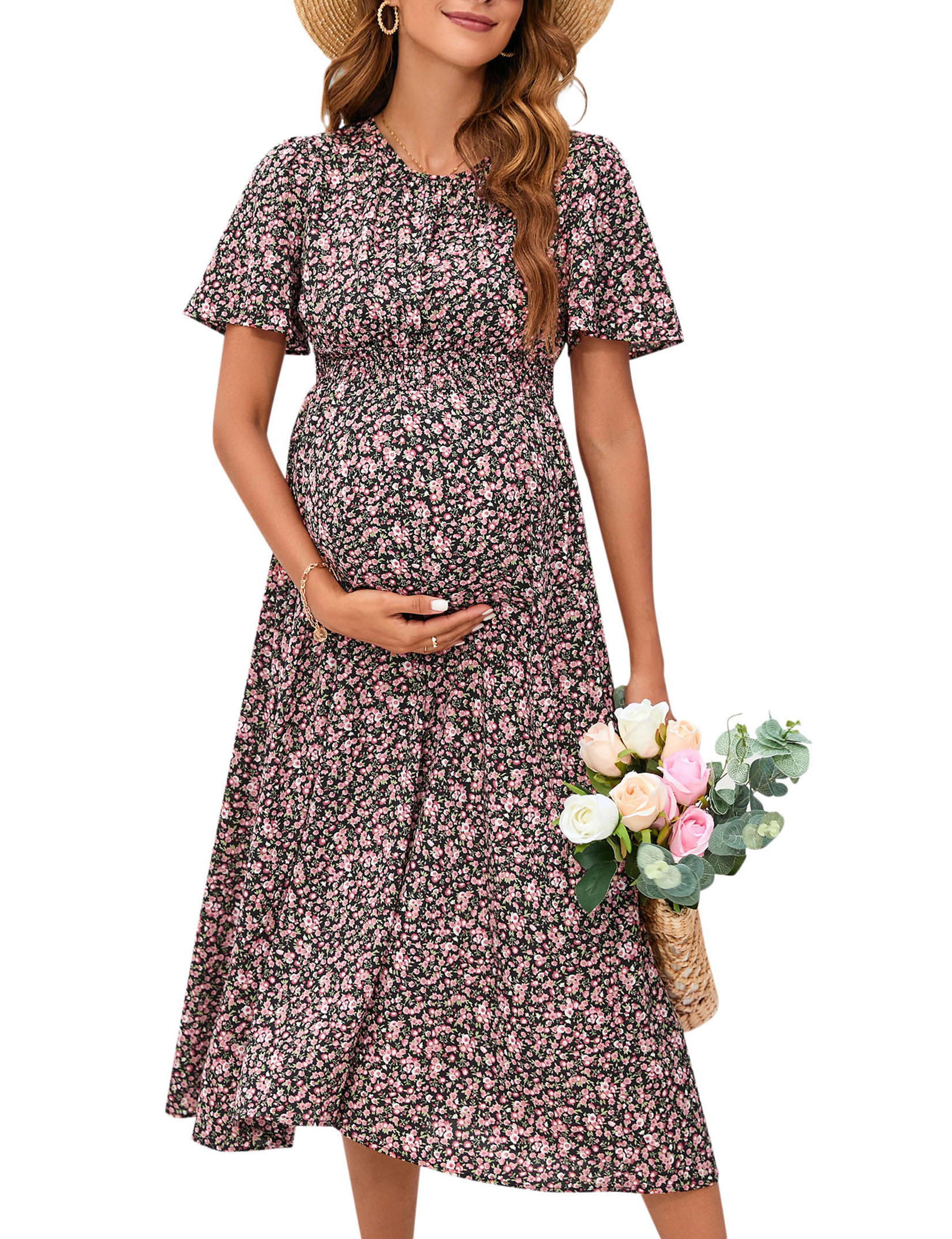 KOJOOIN Women's Floral Maxi Dress Crew Neck Short Sleeve Maternity Flowy Hem Skirt