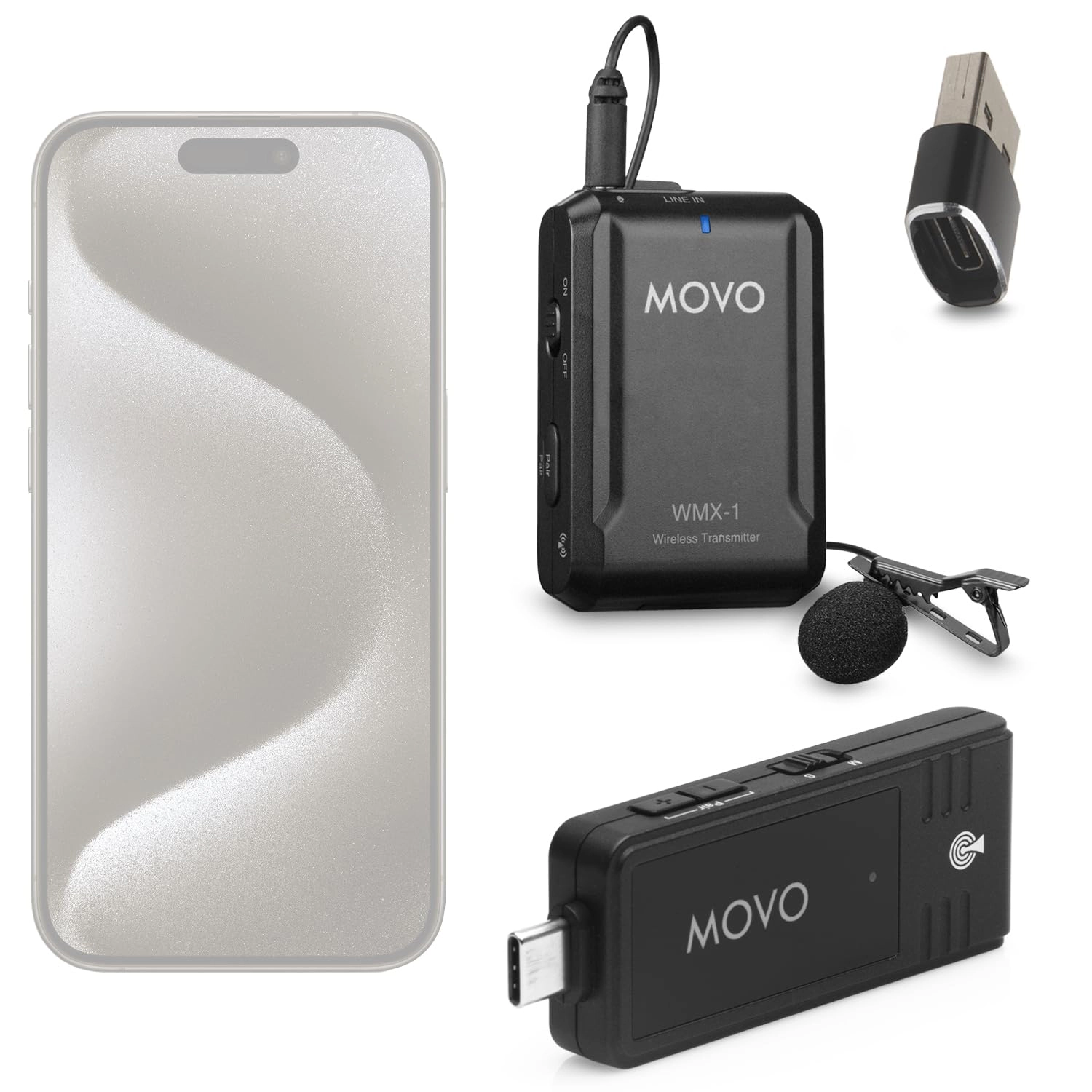 Movo Wireless USB-C Microphone System for Android and iPhone 15 and Up - Professional Lavalier Mic with 2.4GHz