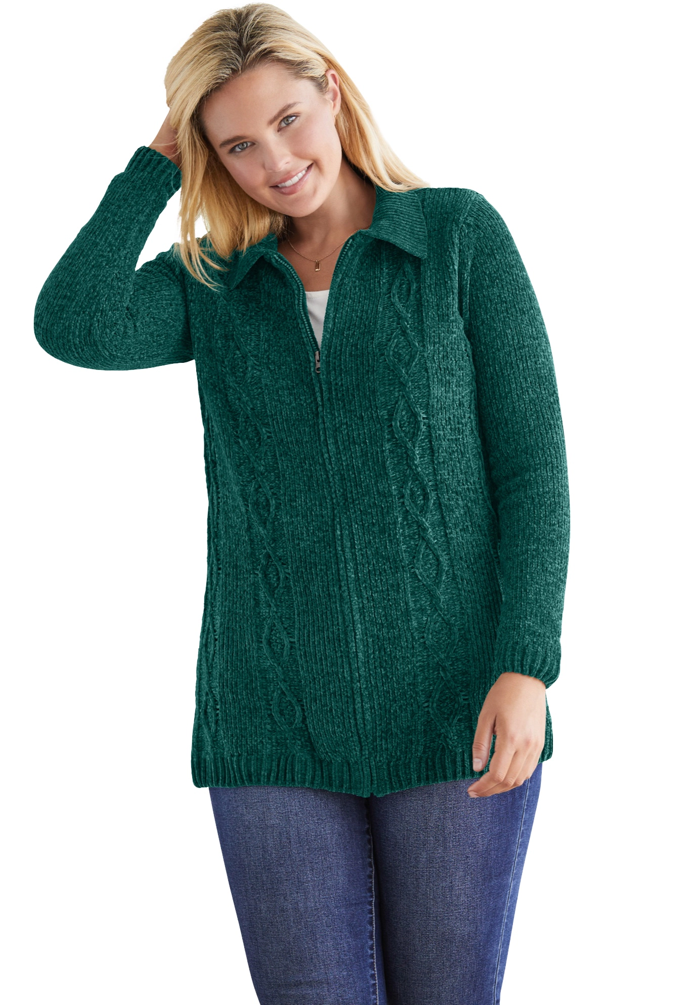 Woman Within Plus Size Chenille Zip Cable Cardigan Sweater
