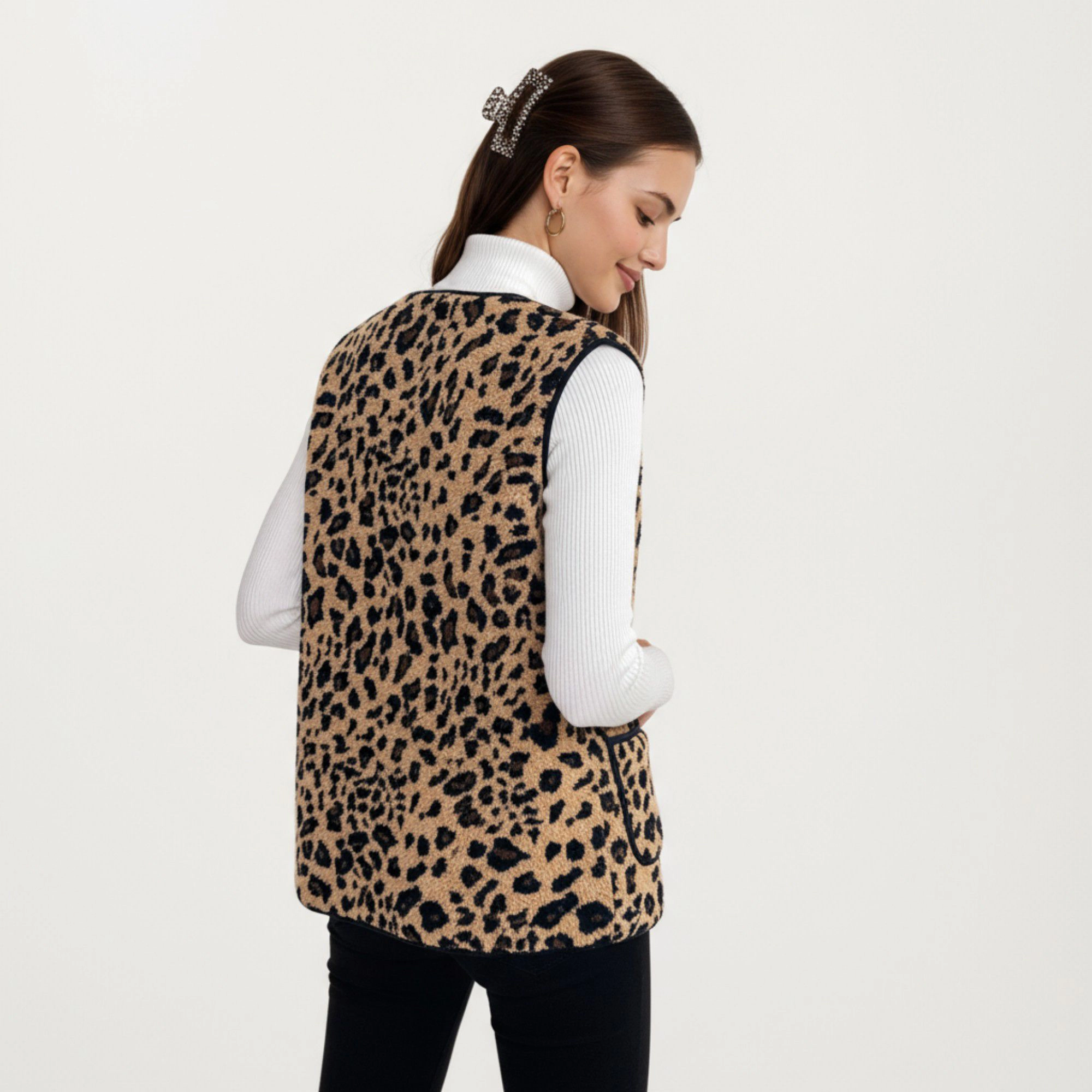 Anna-Kaci Women's Leopard Print Open Front Vest with Contrast Trim and Pockets