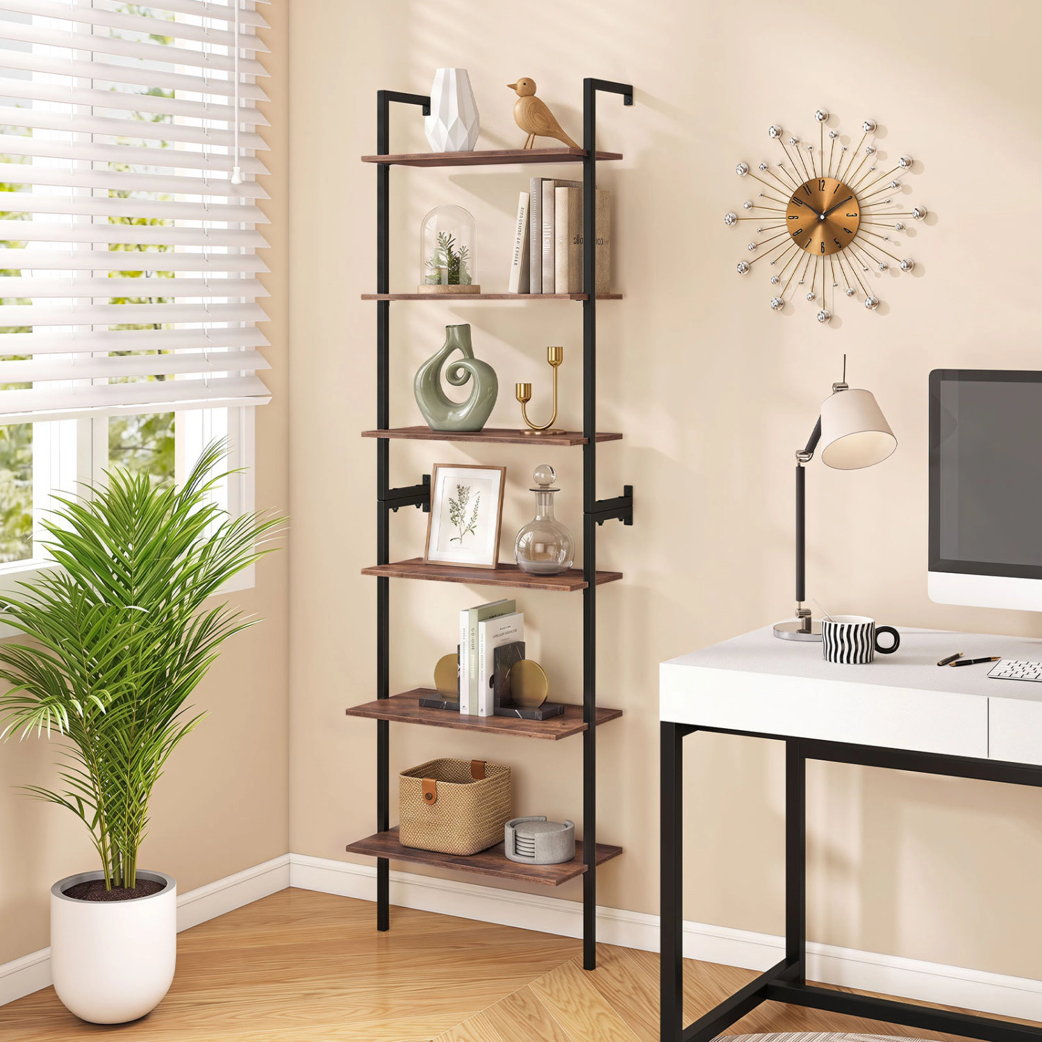 LJG 6-Tier Freestanding Ladder Storage Bookshelf with Metal Frame for Study and Pantry