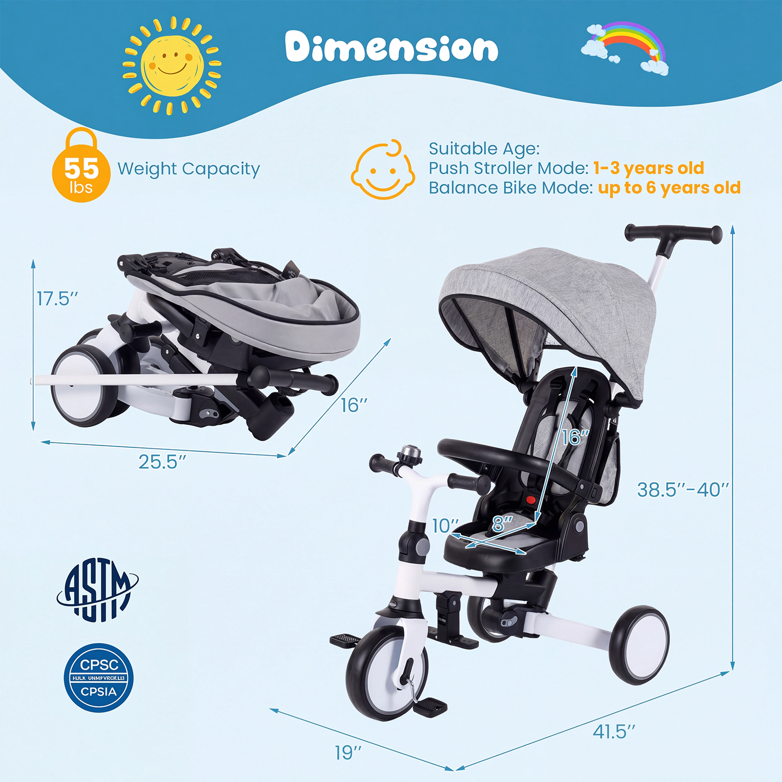 8-in-1 Folding Kids Tricycle and Balance Bike for Toddlers to 6 Years Removable Canopy Push Handle Rotating Seat Gray