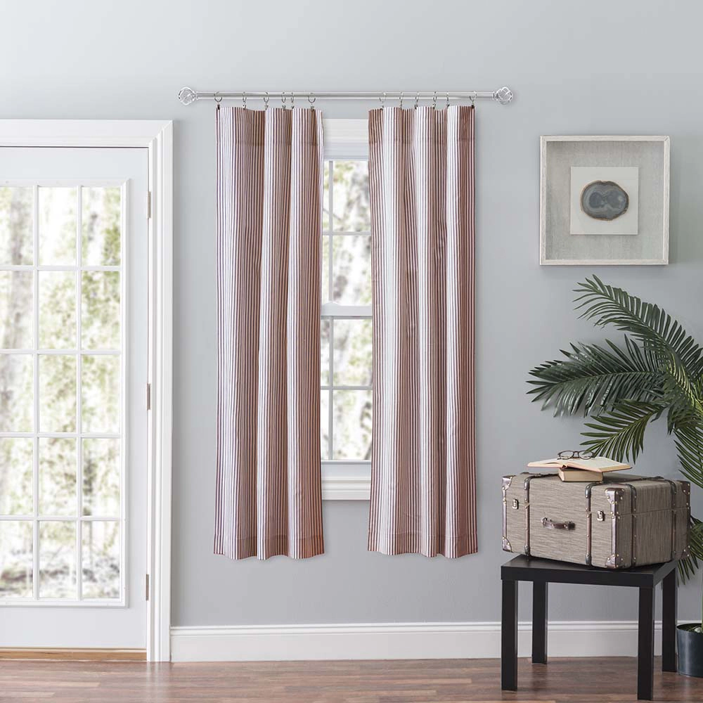 Ellis Curtain Plaza Classic Ticking Stripe Printed on Natural Ground Tailored Panel Pair with Tiebacks 56" x 63" Brick