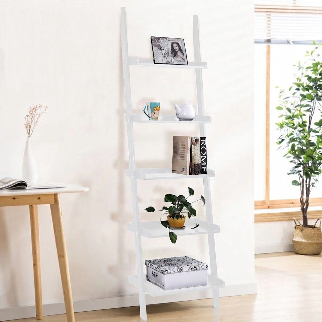 SlickBlue 5-Tier Leaning Ladder Bookcase Wall Shelf with Storage
