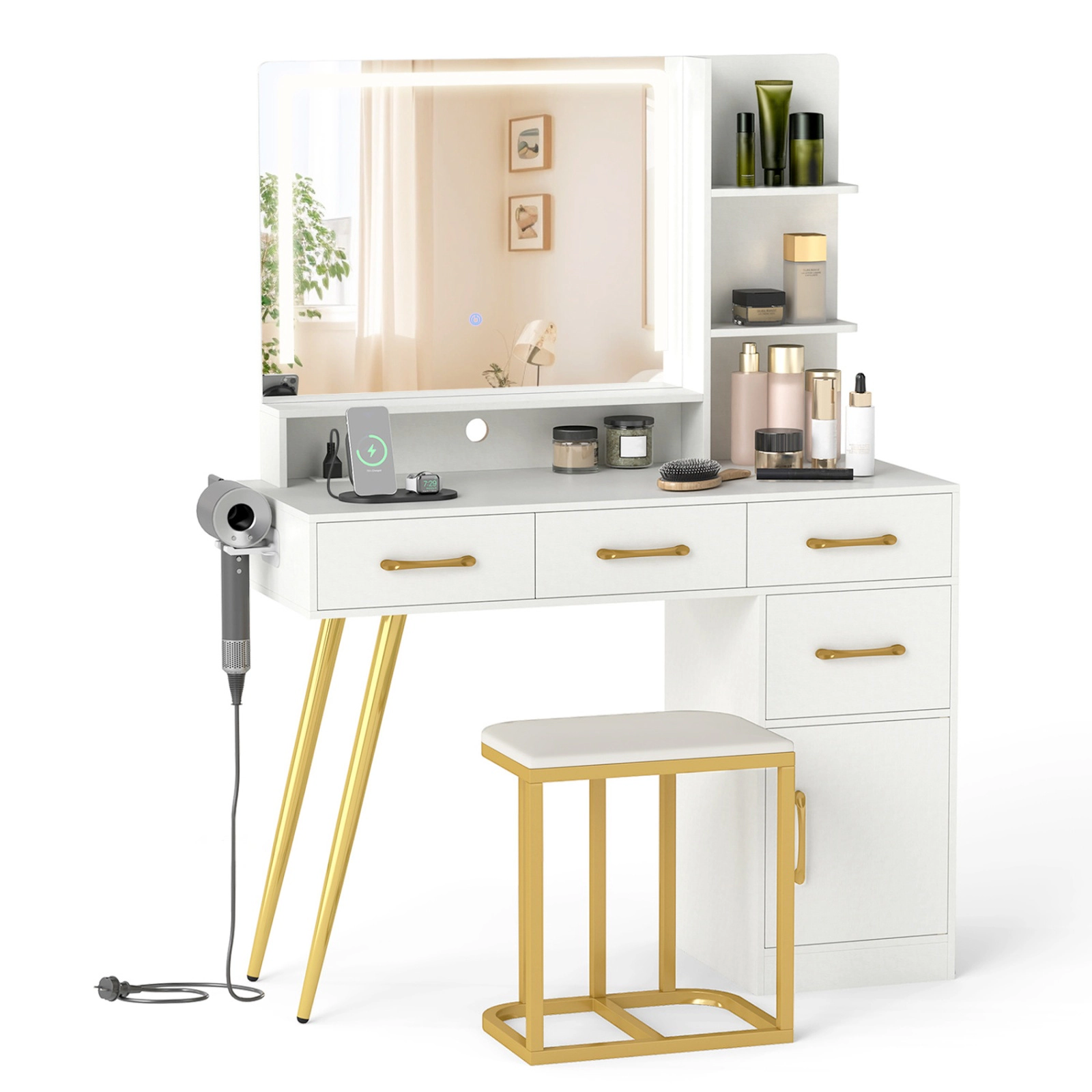 SUGIFT LED Lighted Vanity Set Mirror & Adjustable Brightness Table 88-lb Tabletop Capacity 330-lb Stool Capacity White
