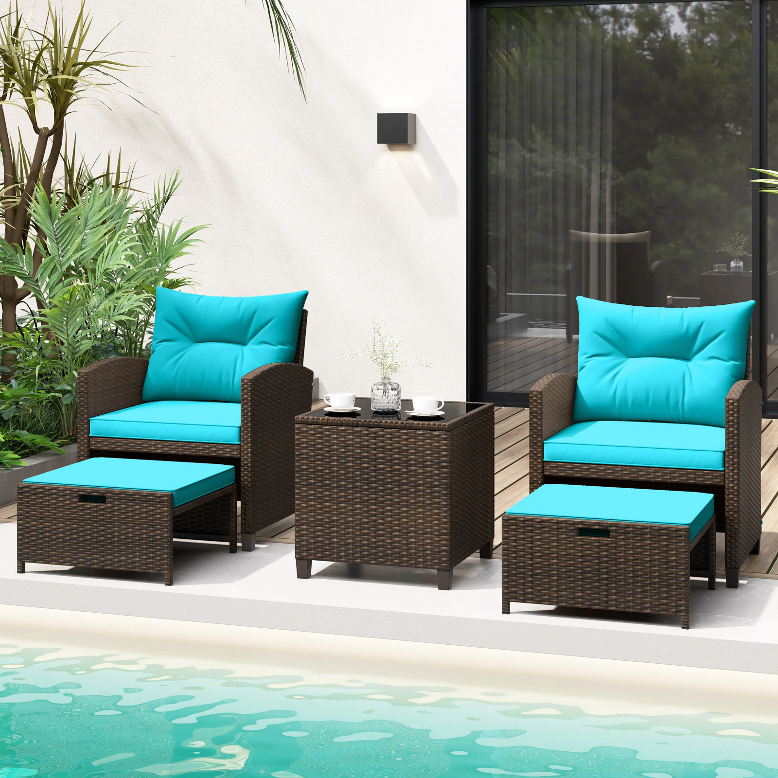 LJG 5 Pieces Patio Rattan Furniture with 2 Ottomans and Tempered Glass Coffee Table