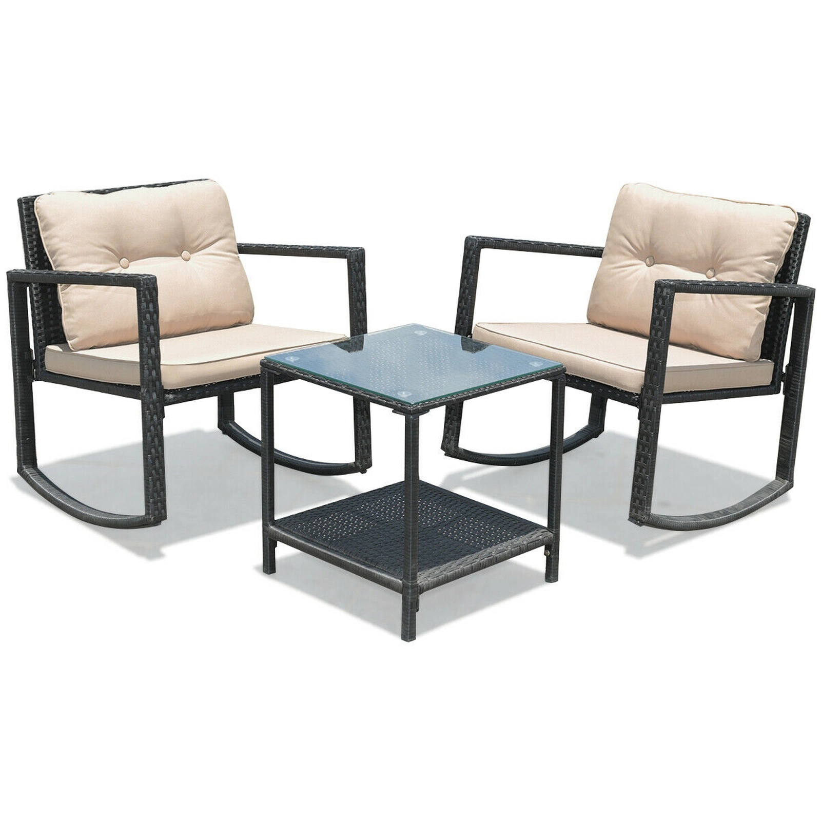 SUGIFT 3 Piece Wicker Rocking Bistro Set Beige with Glass Coffee Table and Storage Shelf