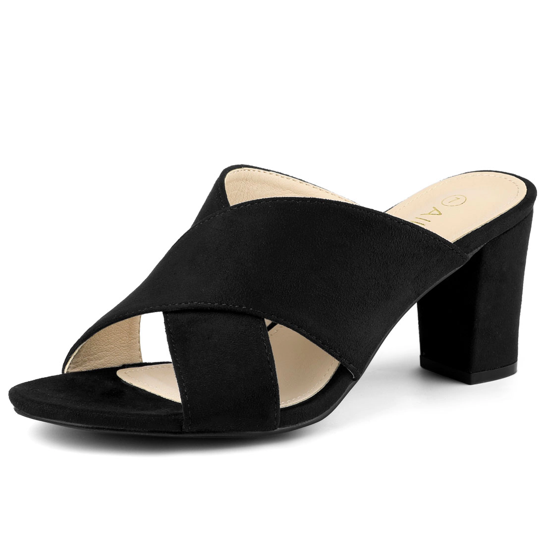 BLISSFUL STEP Women's Faux Suede Crisscross Strap Chunky Block Heel Slide Sandals
