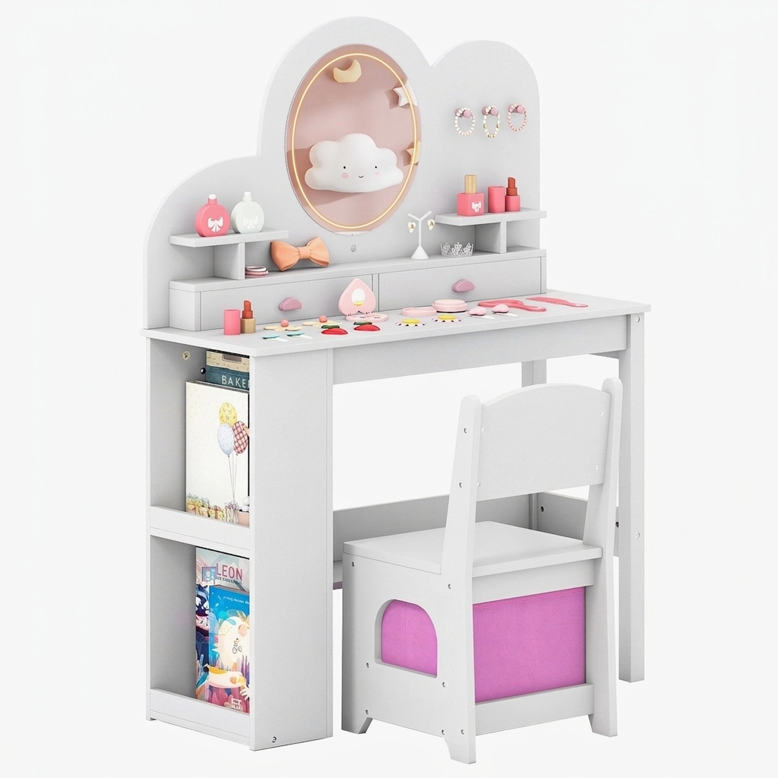 SUGIFT Kids Vanity Set White with Lighted Mirror 2 Drawers and 2-Tier Bookshelf
