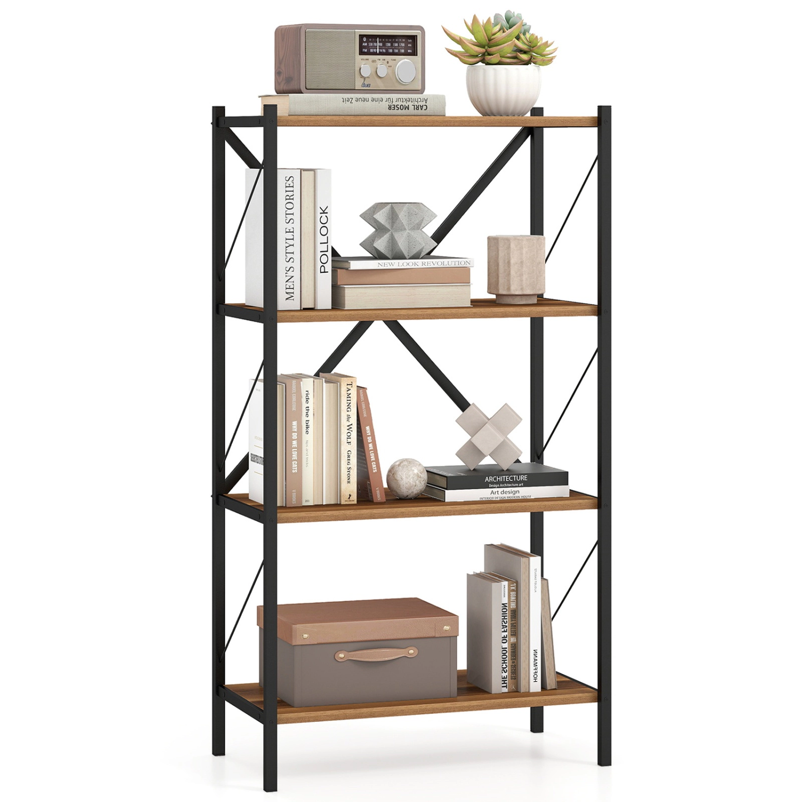 SUGIFT 4-Tier Open Storage Bookshelf with Heavy-Duty Metal Frame 47.5-in Tall 5.5-lb Per Shelf Capacity White/Walnut