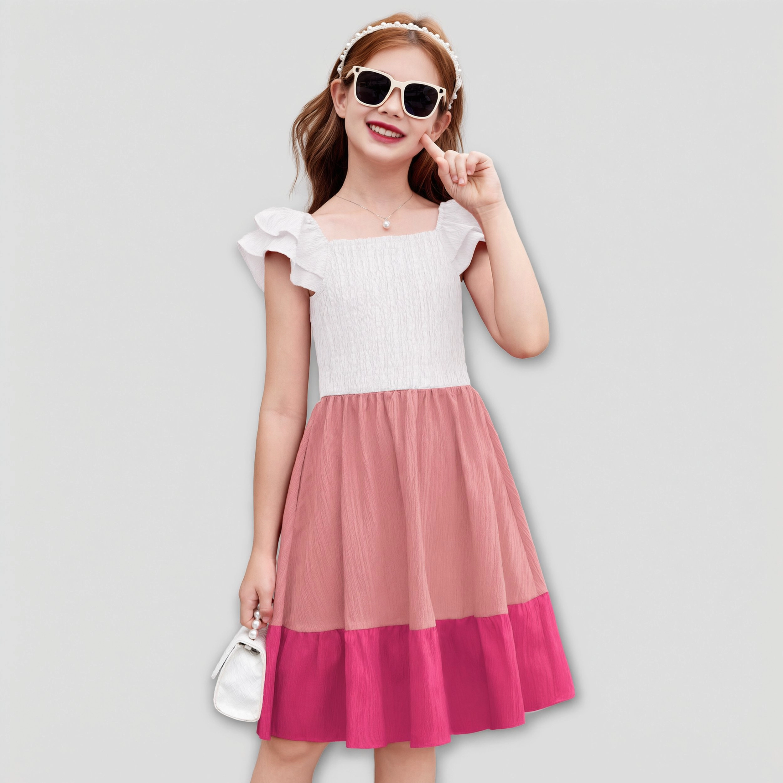 Arshiner Girls Dresses Double Pleated Sleeve Square Neck Off Shoulder With Pockets Tween Sundress