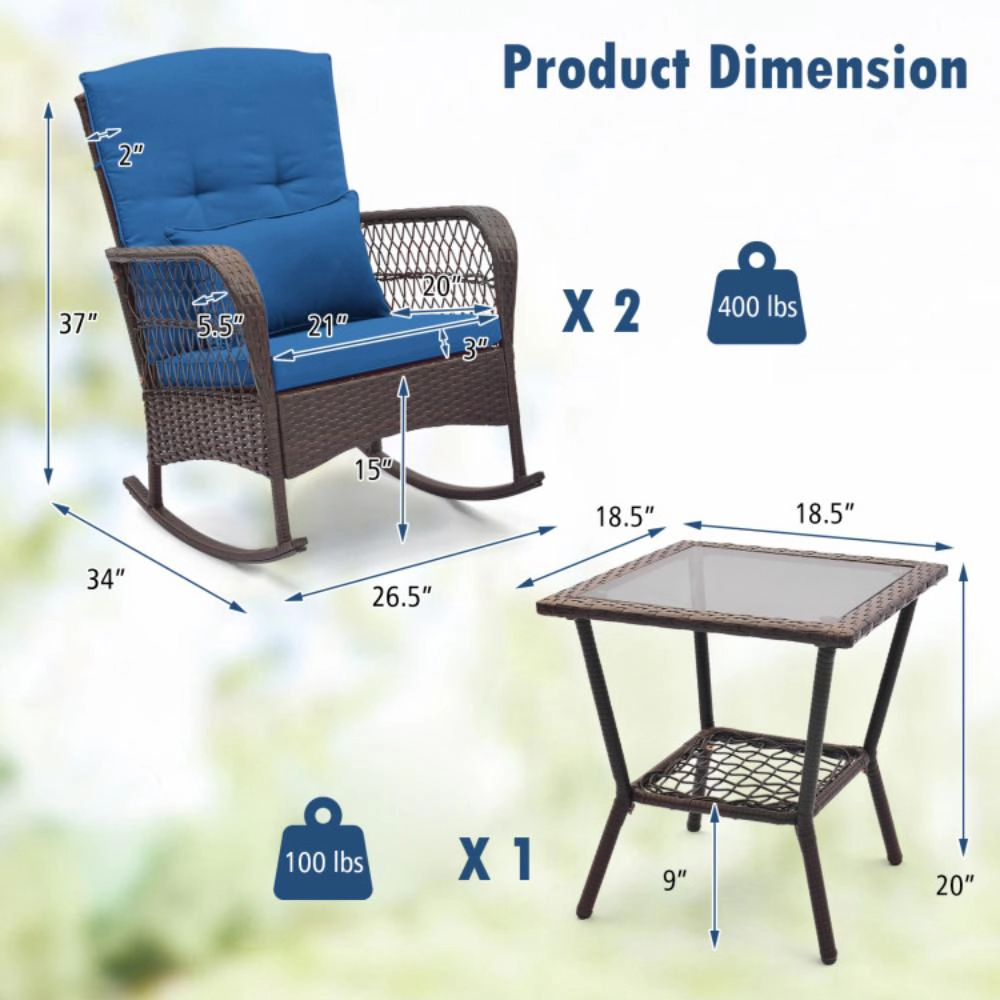Hivvago 3 Pieces Rocking Bistro Set With 2-Tier Coffee Table