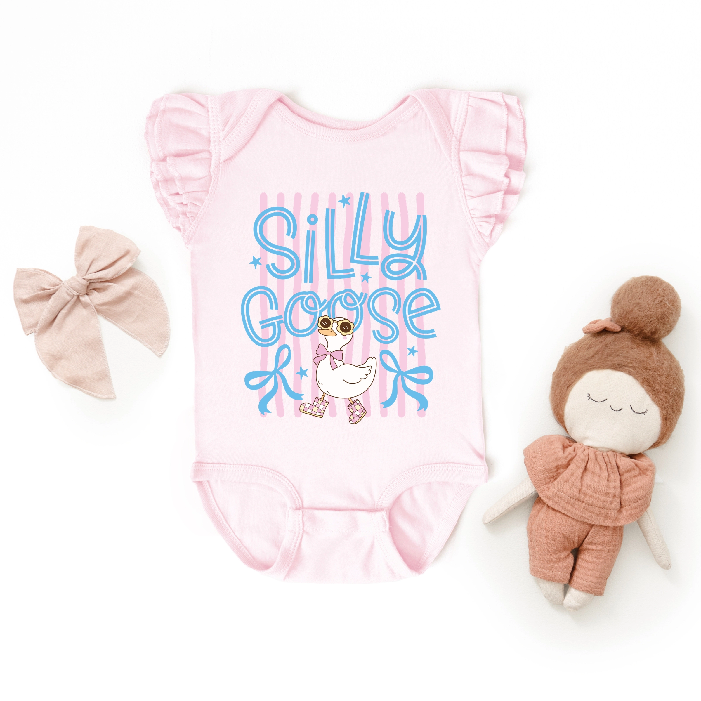 The Juniper Shop - Silly Goose Stripes Baby Girl's Flutter Sleeve Bodysuit