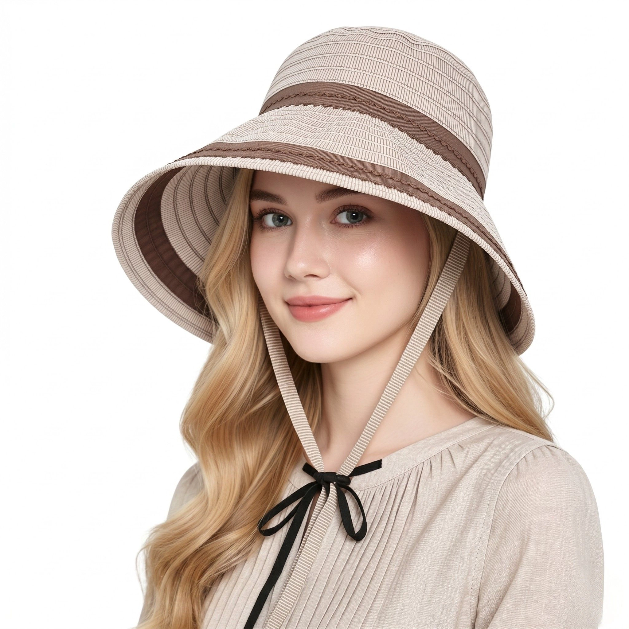 Anna-Kaci Womens Striped Bucket Sun Hat Wide Brim Adjustable Chin Strap Packable Beach