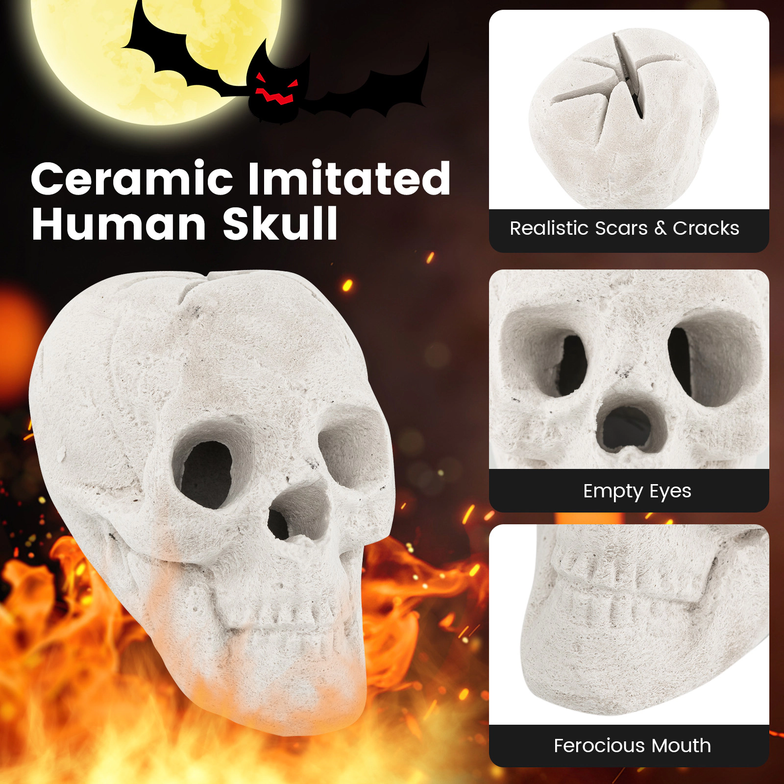 SUGIFT Heat-Resistant Ceramic Fiber Hollow Center Halloween Fire Pit Skull 8.5-in x 6-in x 6-in 1.5-lb Beige