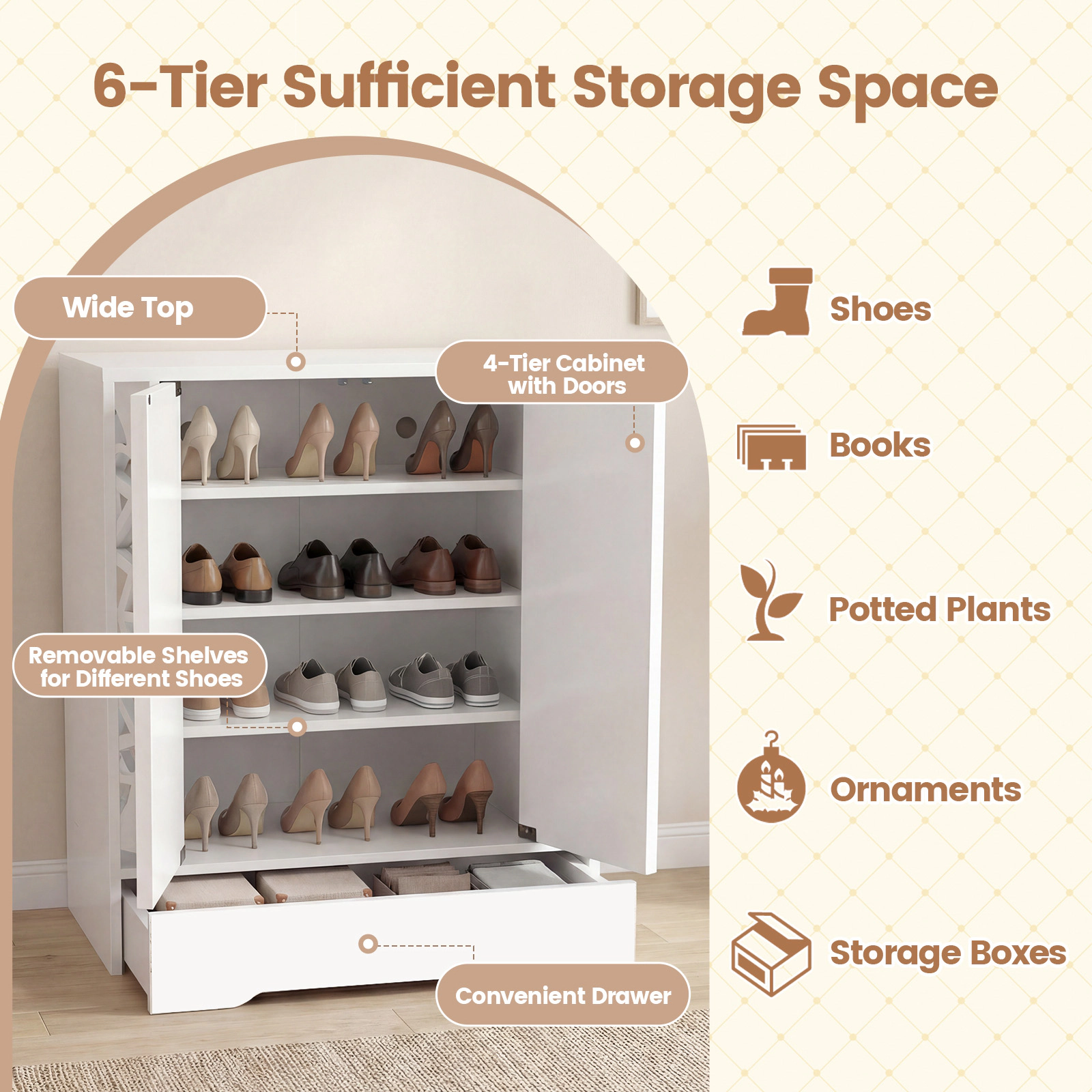 Glintex Mirrored Shoe Cabinet with Hollow-Carved Doors and Push-to-Open Fronts, White