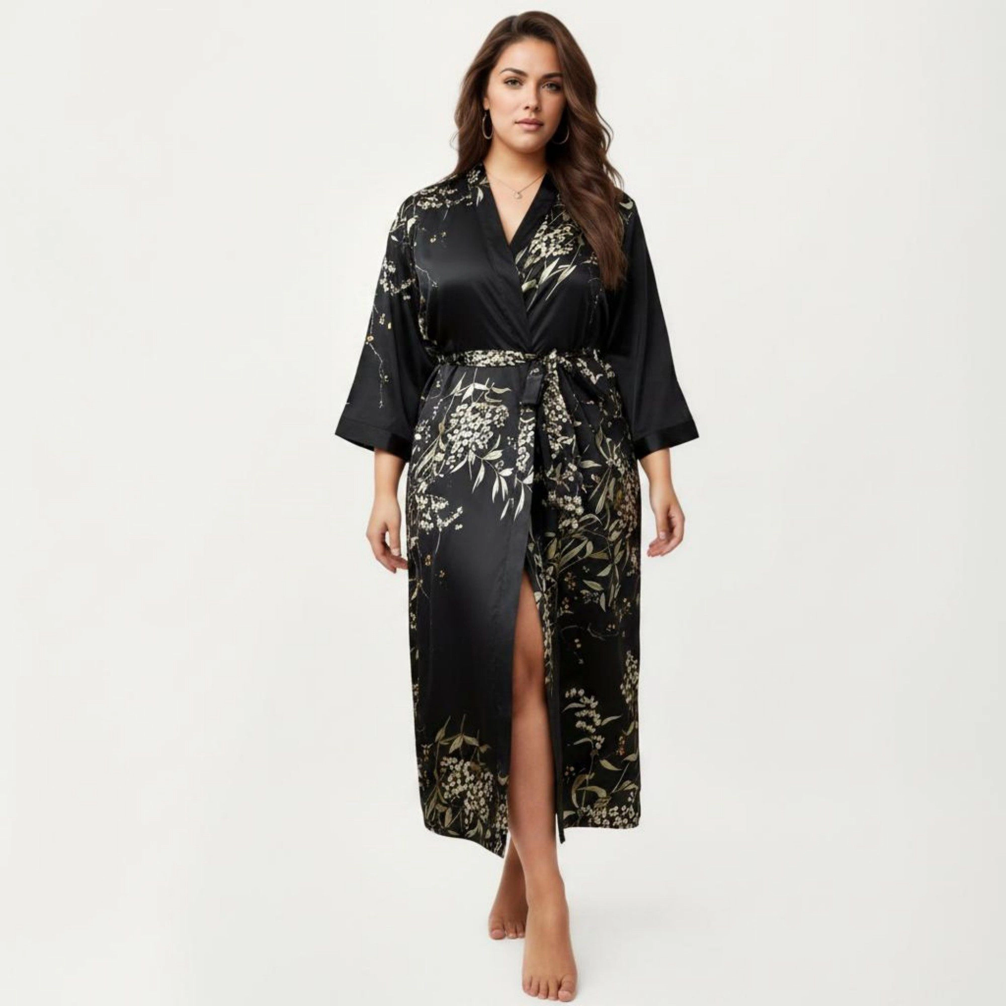 Anna-Kaci Women's Plus Satin Floral Kimono Robe with Self Tie Belt Longline Open Front Lightweight Sleepwear