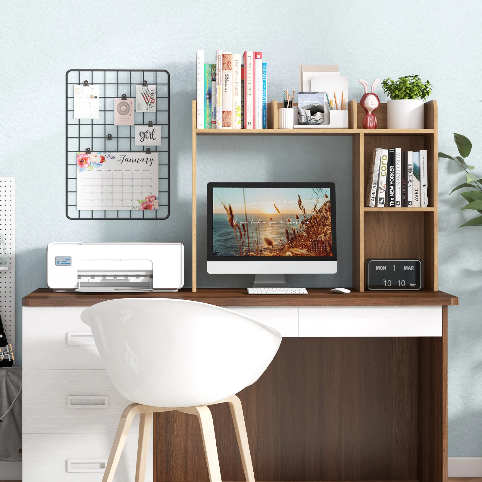 SUGIFT 3-Tier Natural Wood Desktop Bookshelf Desk Hutch with 4 Shelves for 27-in Monitor and Organizer