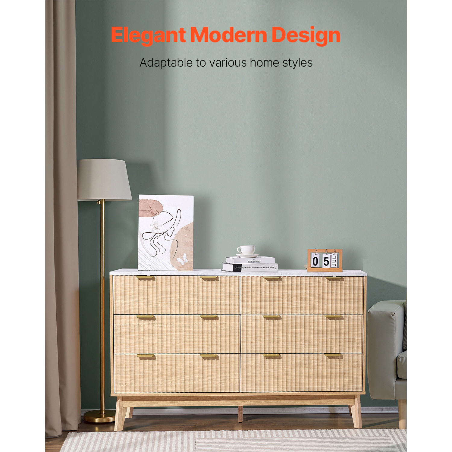 HONGGE Fluted Wooden Chest of Drawers with Sliding & Anti-tip Device