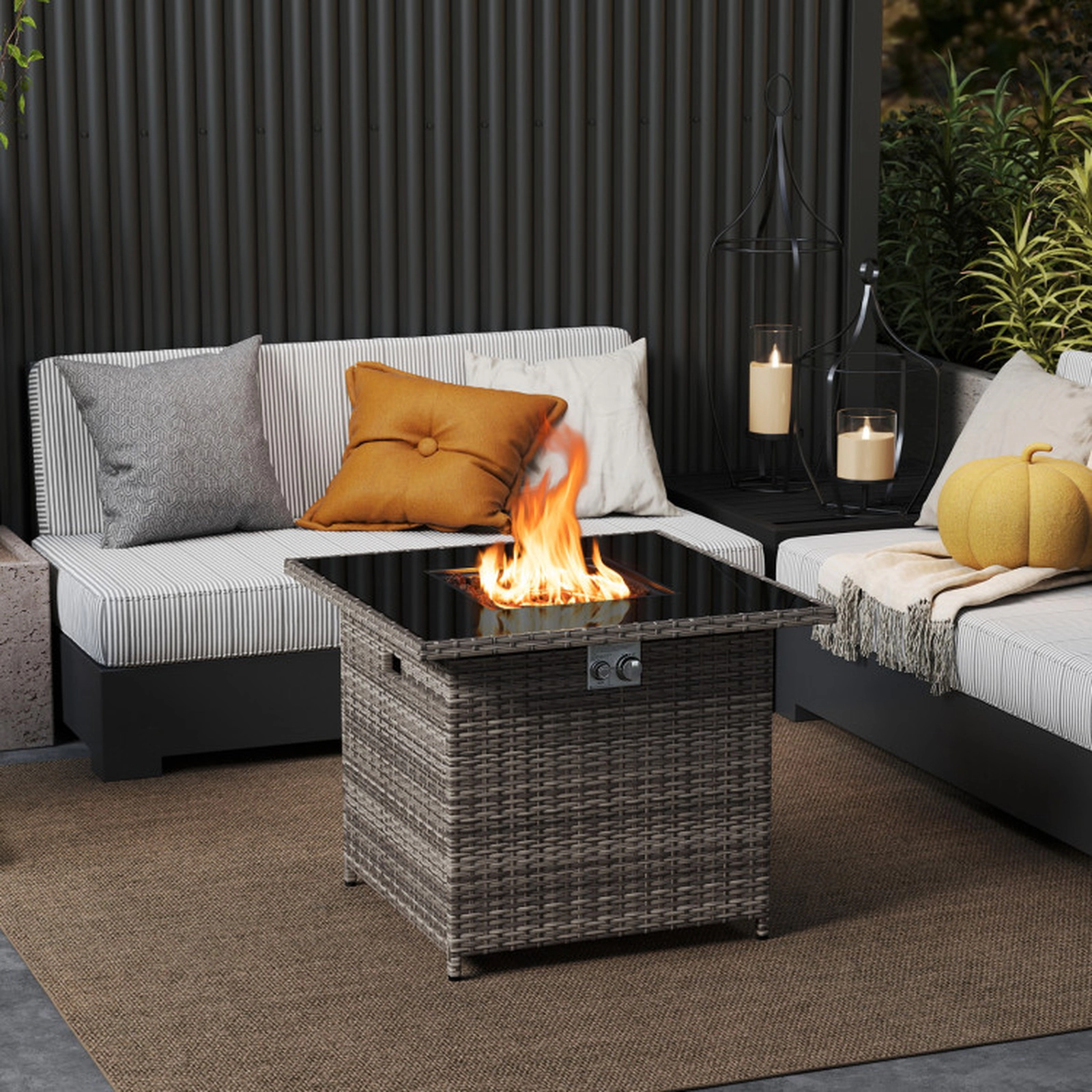 SUGIFT Square Gray Wicker Propane Fire Pit Table with Lid 32.5-in W 32.5-in D 26-in H 220-lb Tabletop Capacity