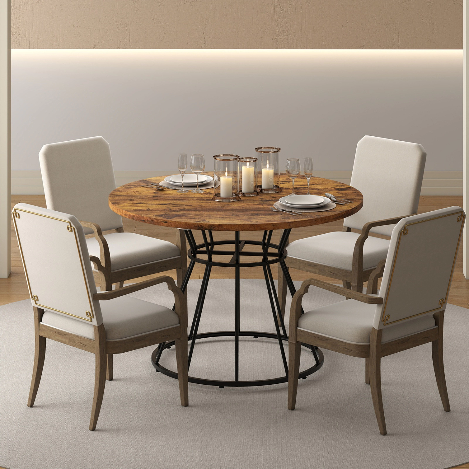SUGIFT 47-Inch Brown Round Farmhouse Dining Table, Wooden Top, Curved Metal Base, Seats 4 to 6
