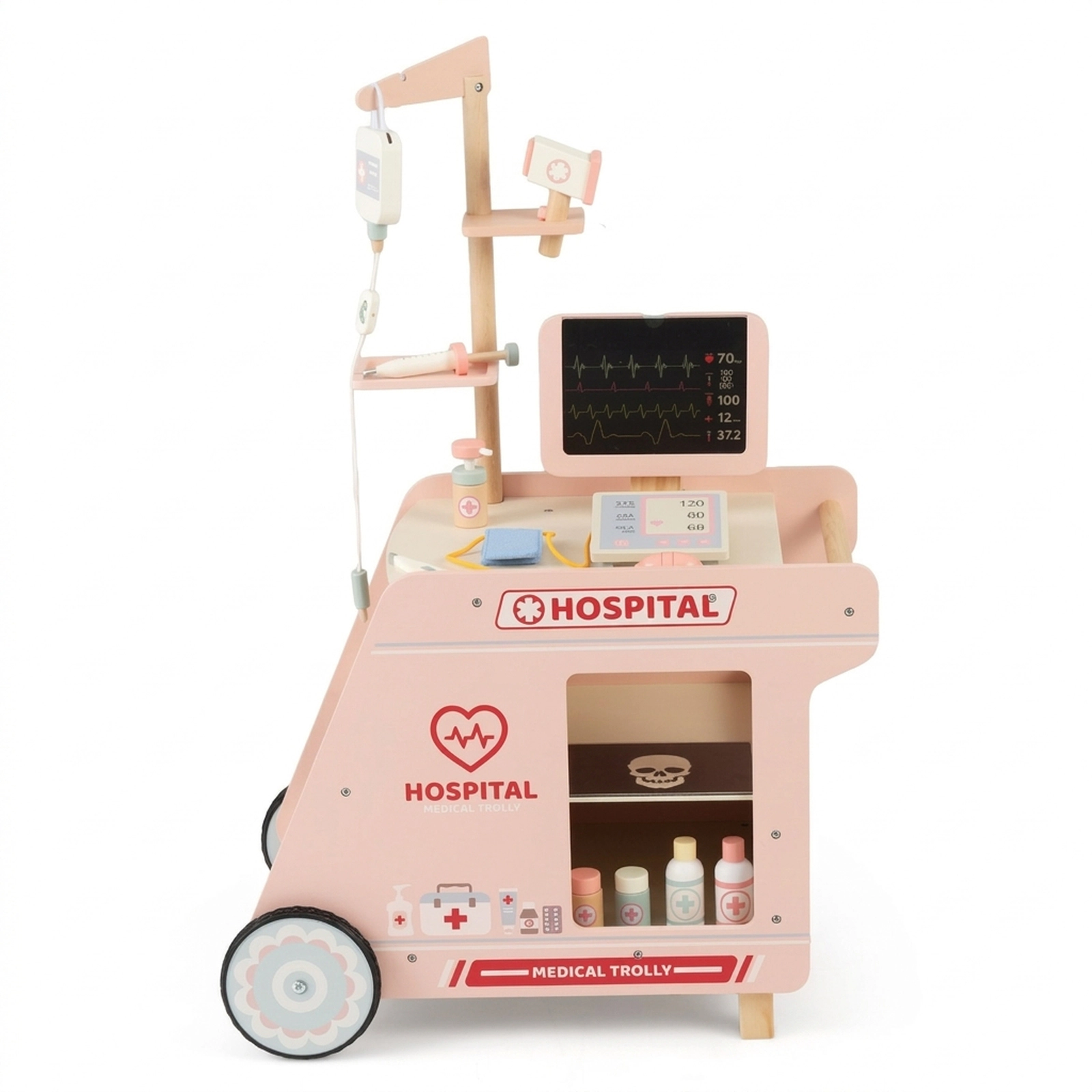 SUGIFT Pink Rolling Medical Cart and X-Ray Screen Kids Wooden Doctor Playset