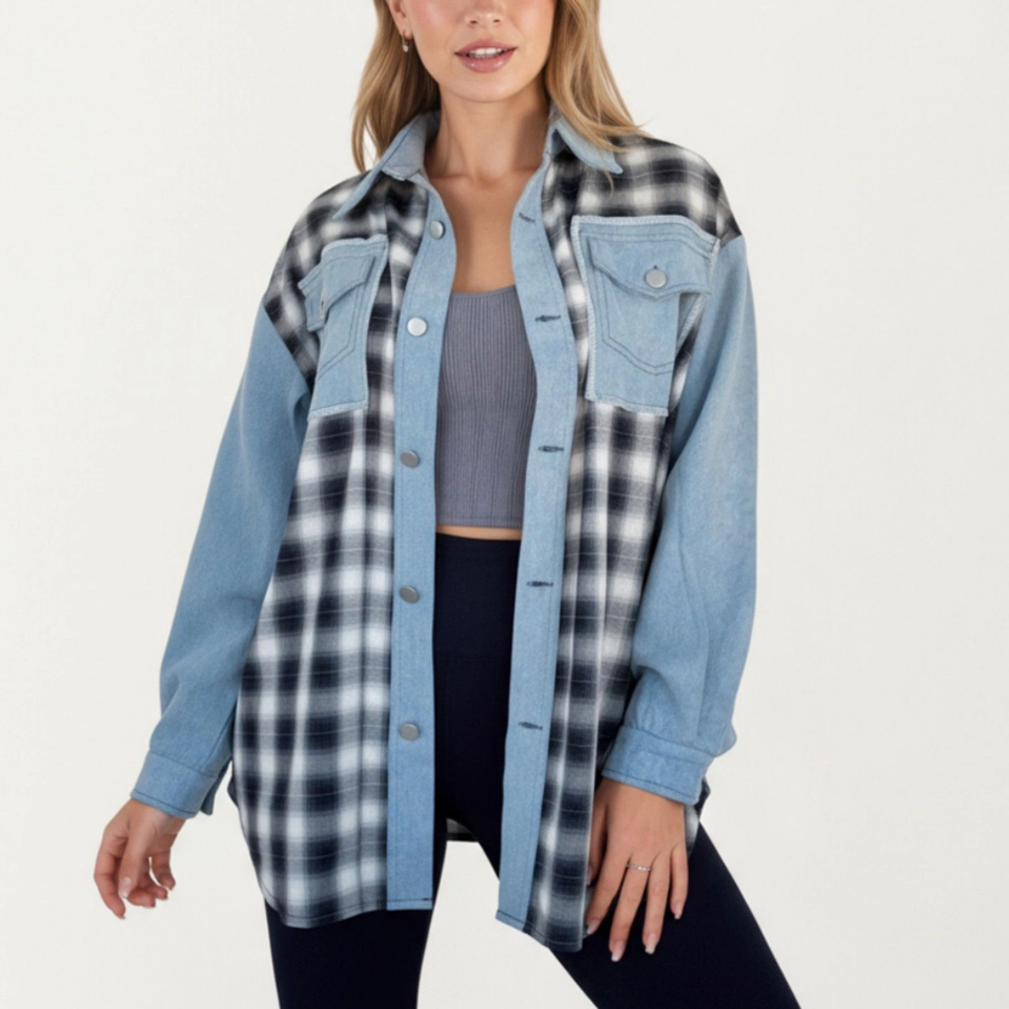 Anna-Kaci Women's Denim and Plaid Contrast Shacket