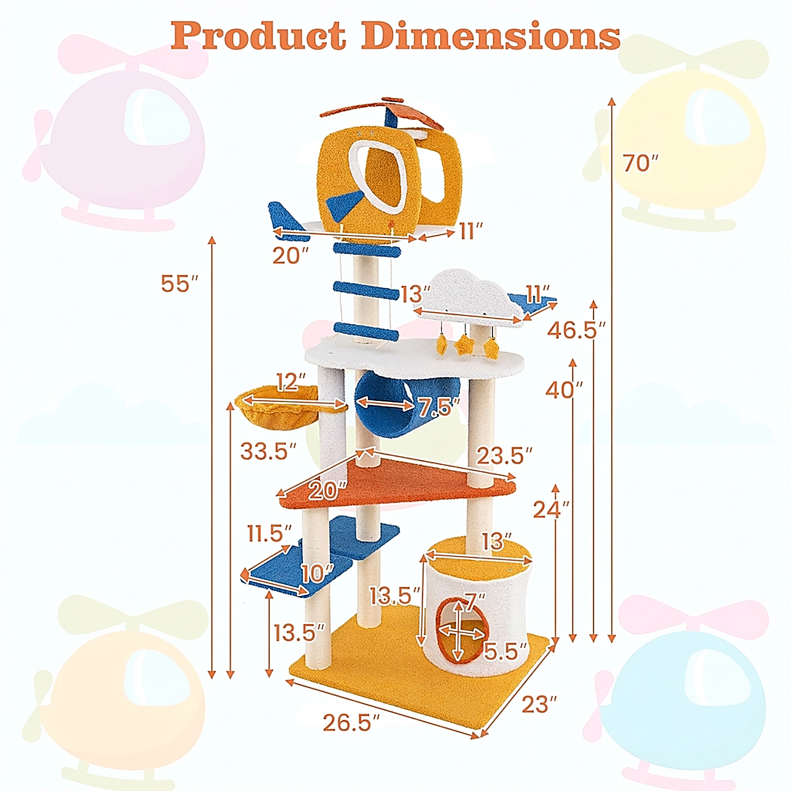 SUGIFT 70-in Tall Aviation-Themed Cat Tree with Helicopter Top Perch, Condo & Platforms 22-lb Capacity Blue White Yellow