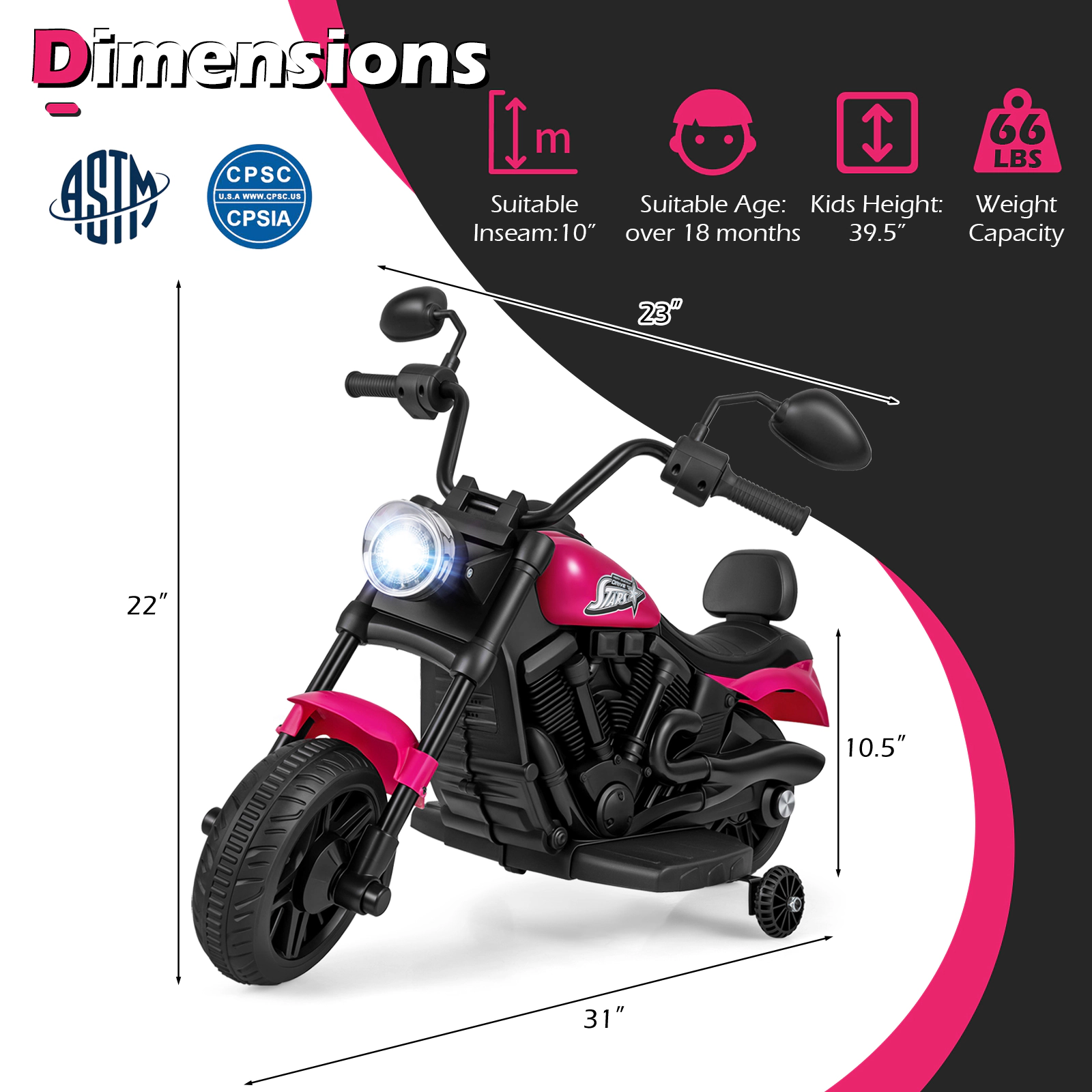 6V Kids Motorcycle Trike Swiveling Front Detachable Training Wheels Backrest Seat and Bright Headlight 18 Months+ Pink