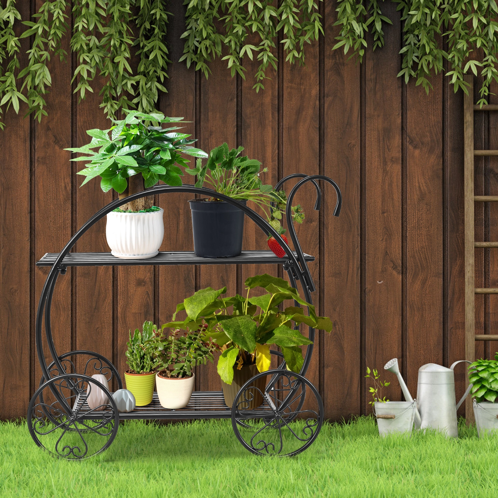 Slickblue Black 2-Tier Plant Rack with Wheels, Metal Rolling Stand for Indoor Outdoor Display