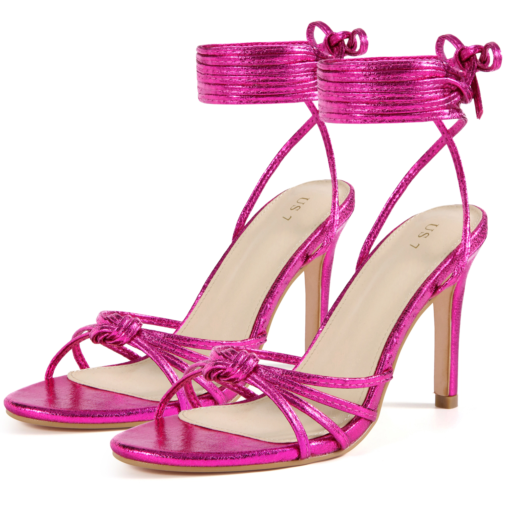 BLISSFUL STEP Women's Metallic Knot Strappy Lace Up Open Toe Stiletto Heel Sandals
