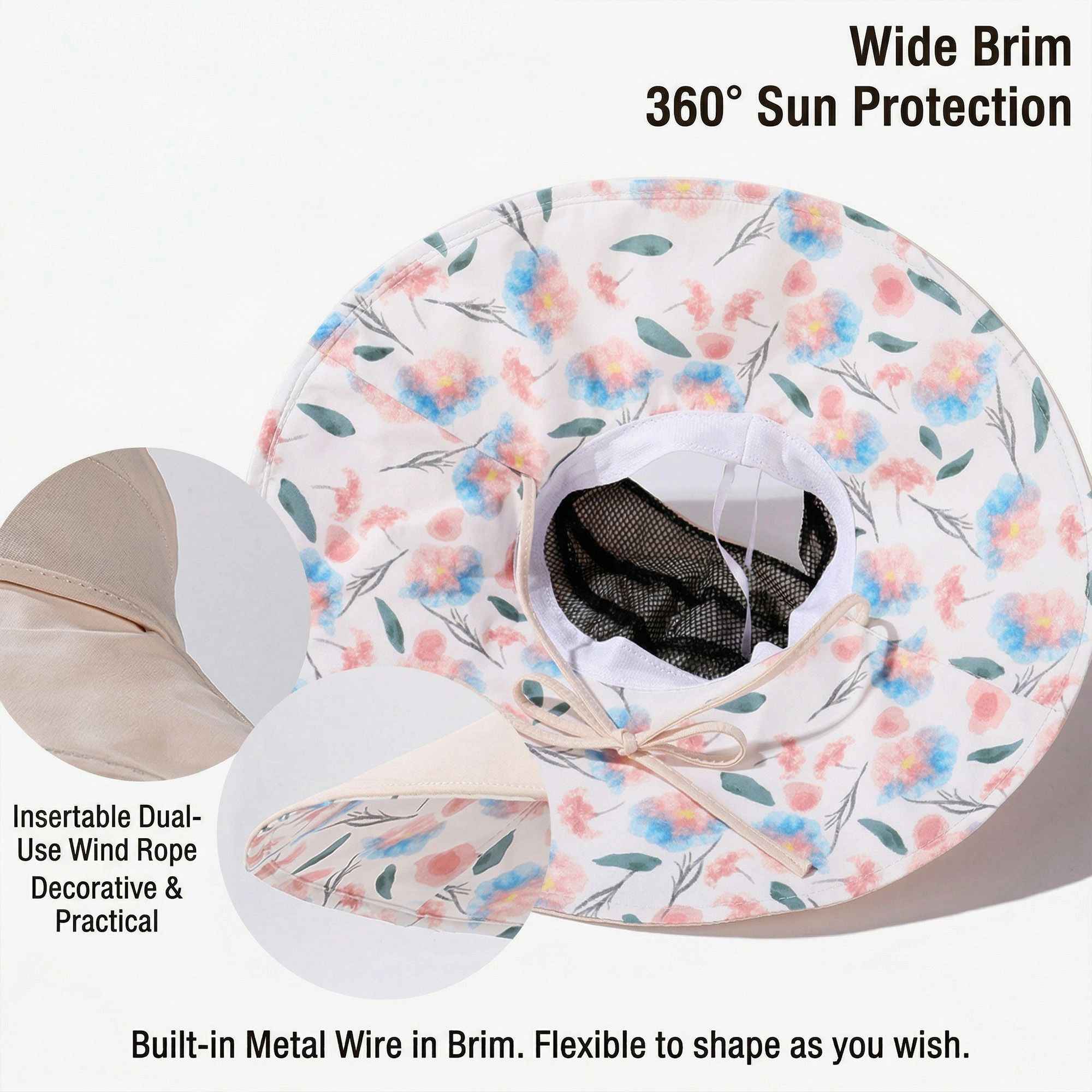 Anna-Kaci Womens Wide Brim Sun Hat with Floral Lining Ponytail Opening Lightweight Packable Beach