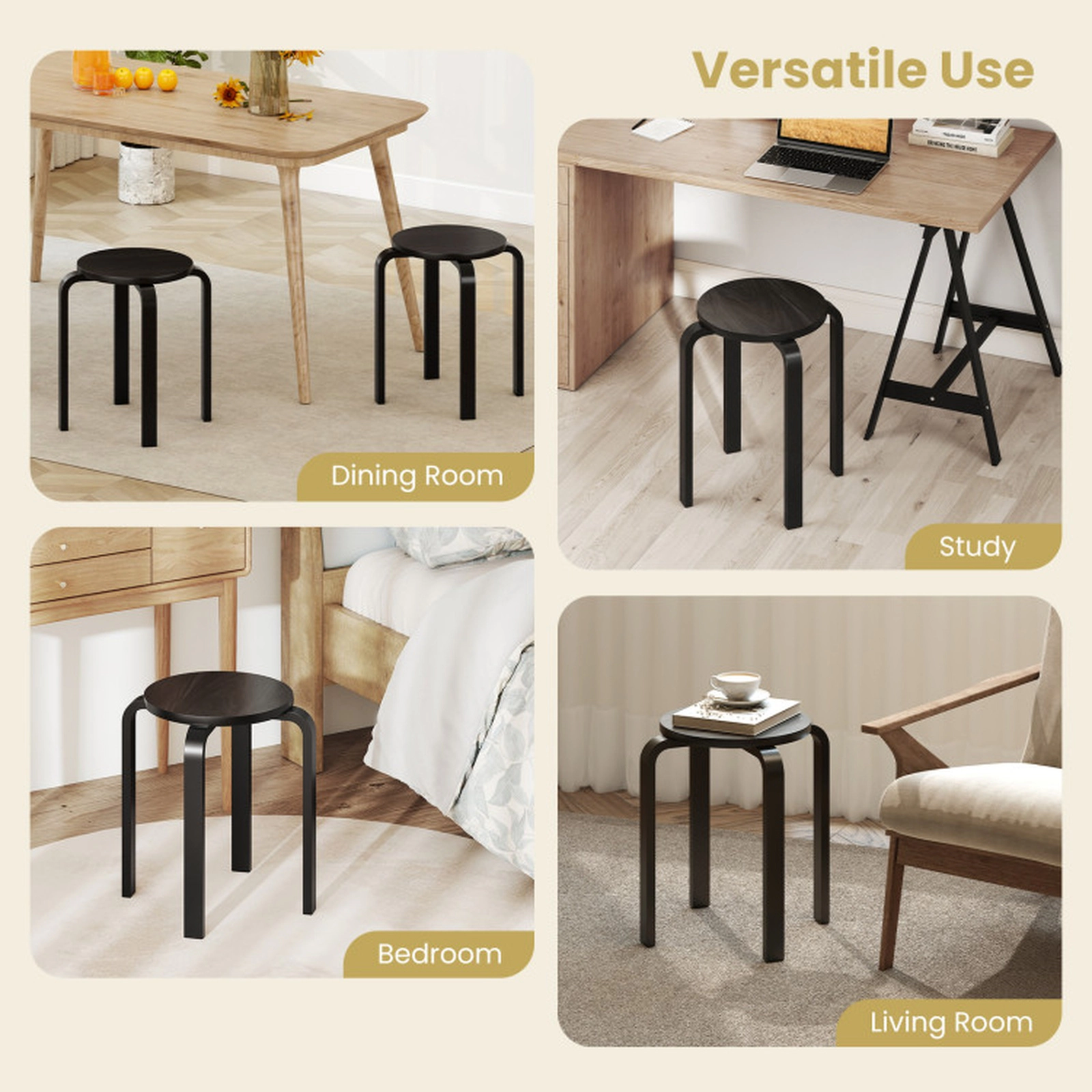 SUGIFT Set of 4 Black Backless Stackable Wood Dining Stools with 18-in Round Seat 16.5-in W 265-lb Per Stool