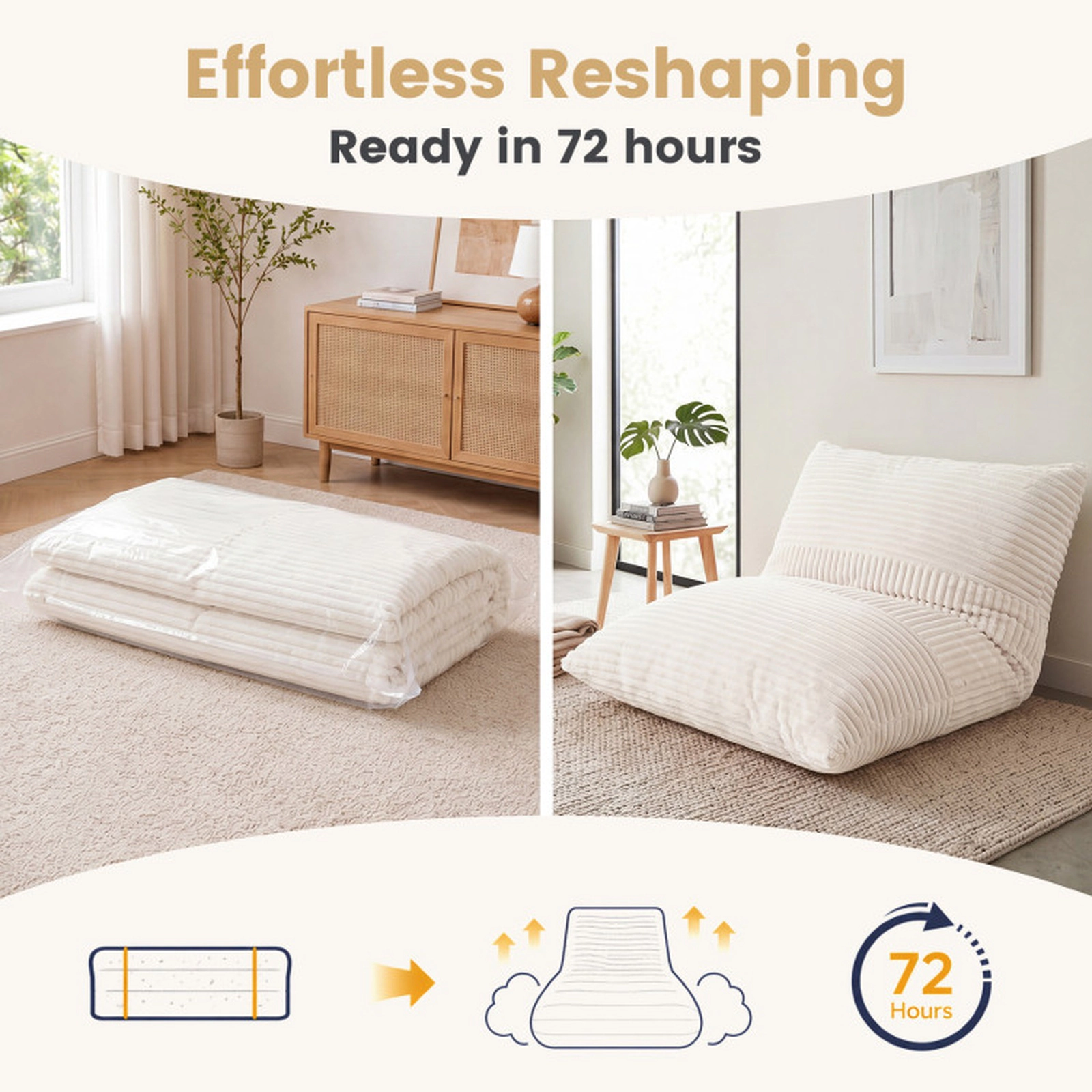 SUGIFT 3-in-1 Convertible Corduroy Fabric Zippered Cover Large Bean Bag Chair 73-in x 53-in 36-lb Net Weight Beige