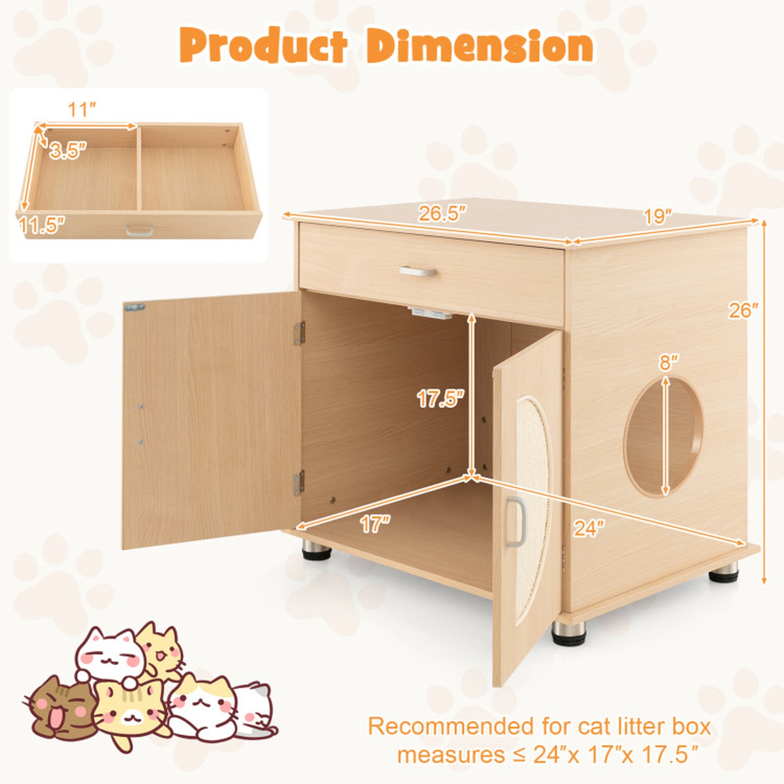 SUGIFT Cat Litter Box Enclosure with Sisal Scratching Doors and Storage 66-lb Tabletop Capacity Natural 1-Pc
