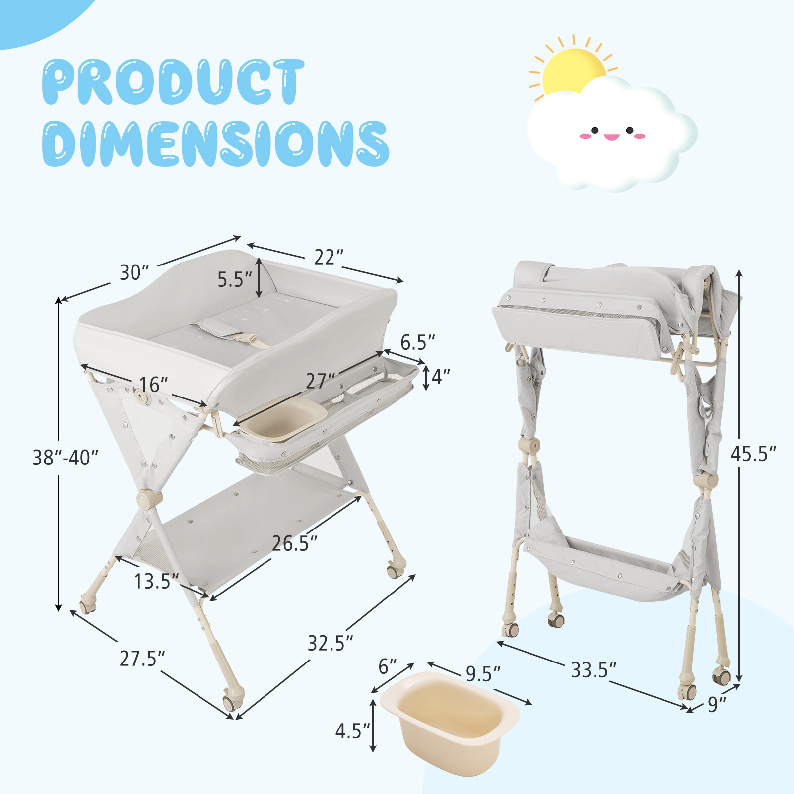 SUGIFT Adjustable Height Baby Diaper Changing Table with Water Basin and Storage 33-lb Capacity 0-12 Months Green