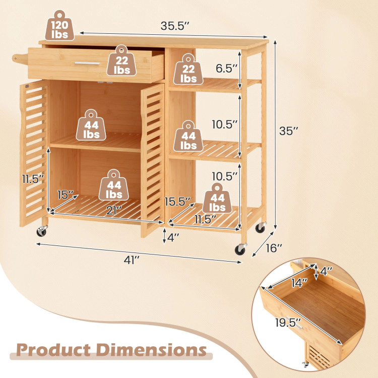 Hivvago Kitchen Island Cart On Wheels With Sturdy Bamboo Frame - Natural