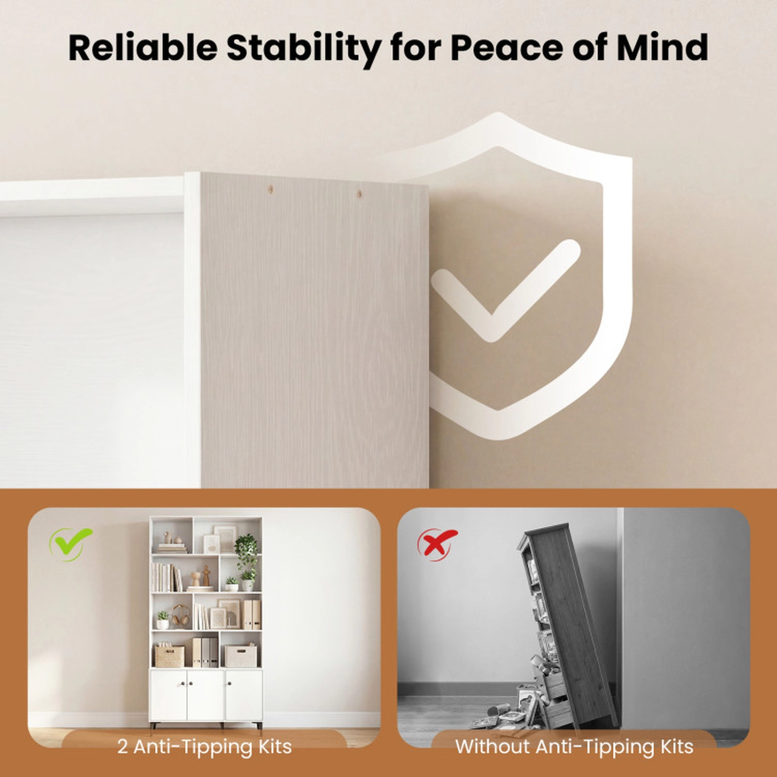 SUGIFT White Bookshelf with 3 Doors and 2 Anti-Tipping Kits for Home Office