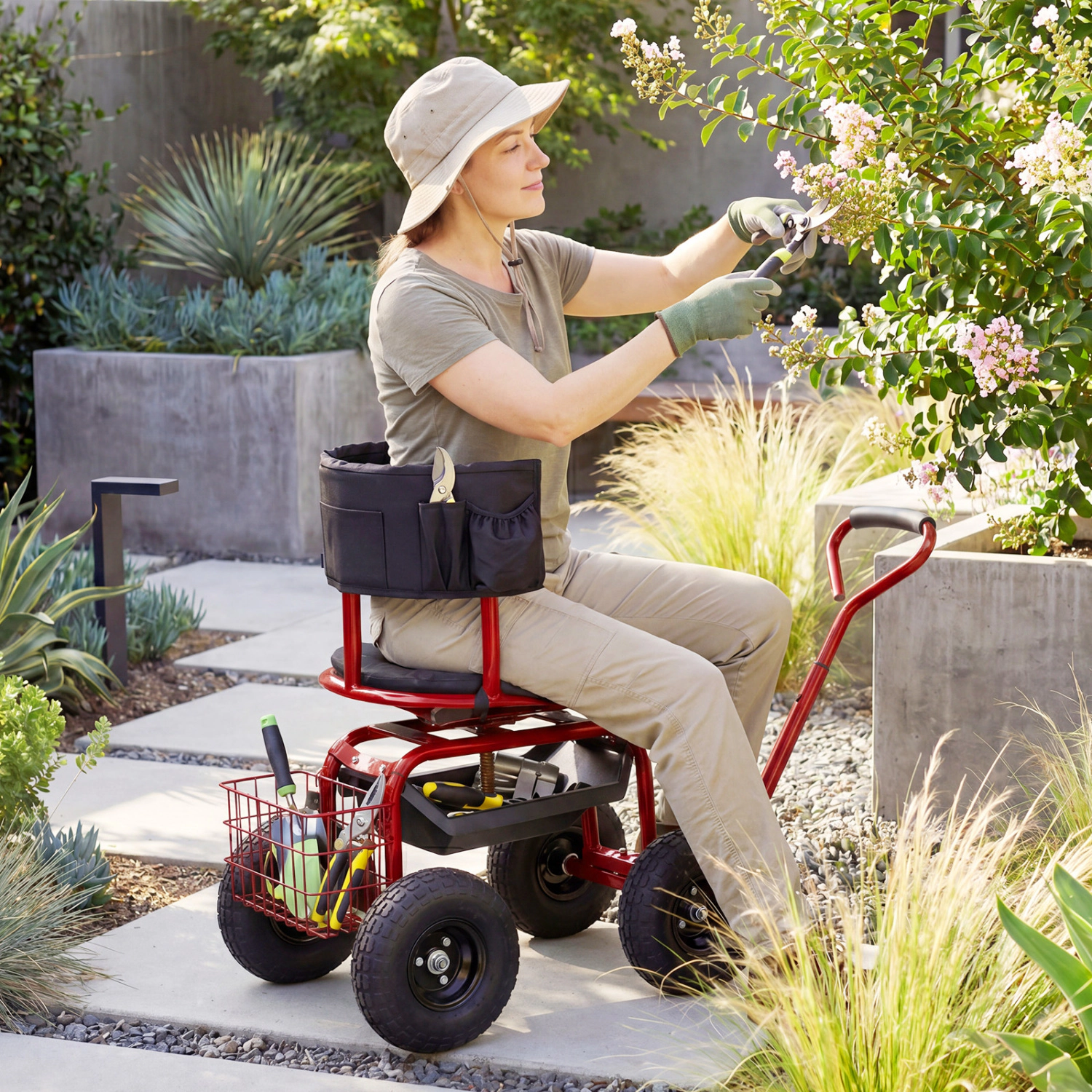 LJG Cushioned Rolling Garden Cart Scooter with Storage Basket and Tool Pouch