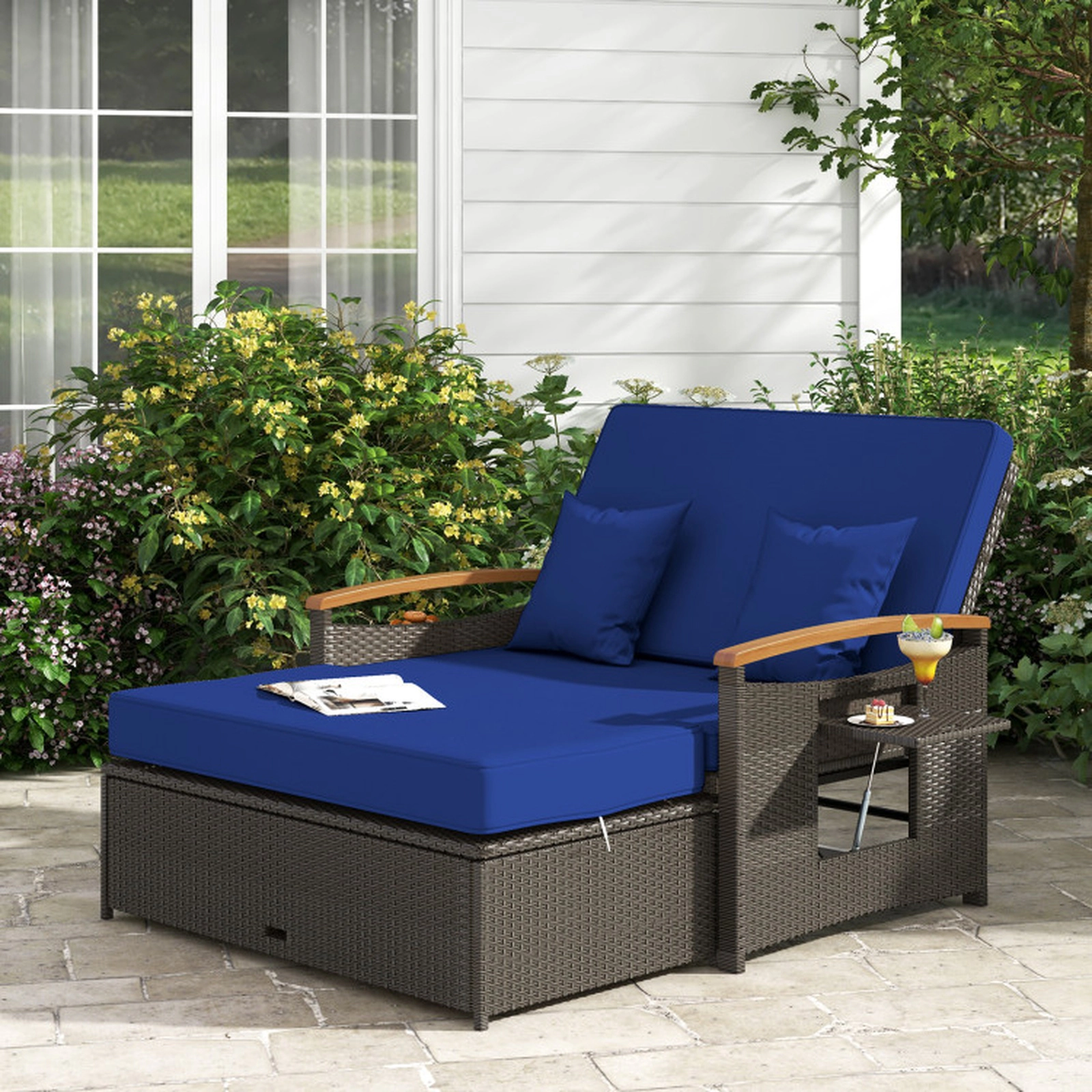 SUGIFT 4-in-1 Outdoor Wicker Chaise Lounge Daybed Loveseat with Folding Panels and Storage Ottoman 800-lb Capacity Navy