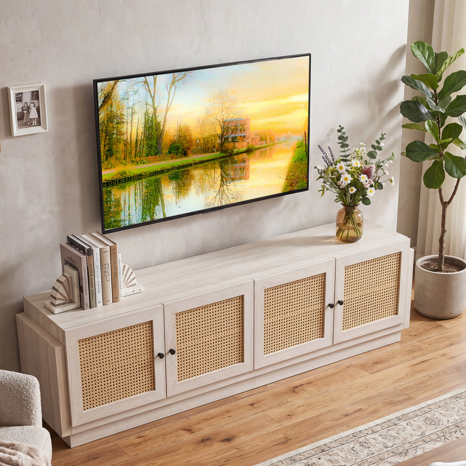 SUGIFT 70-In White Farmhouse TV Stand for TVs Up to 75 Inches, 4 PE Rattan Doors